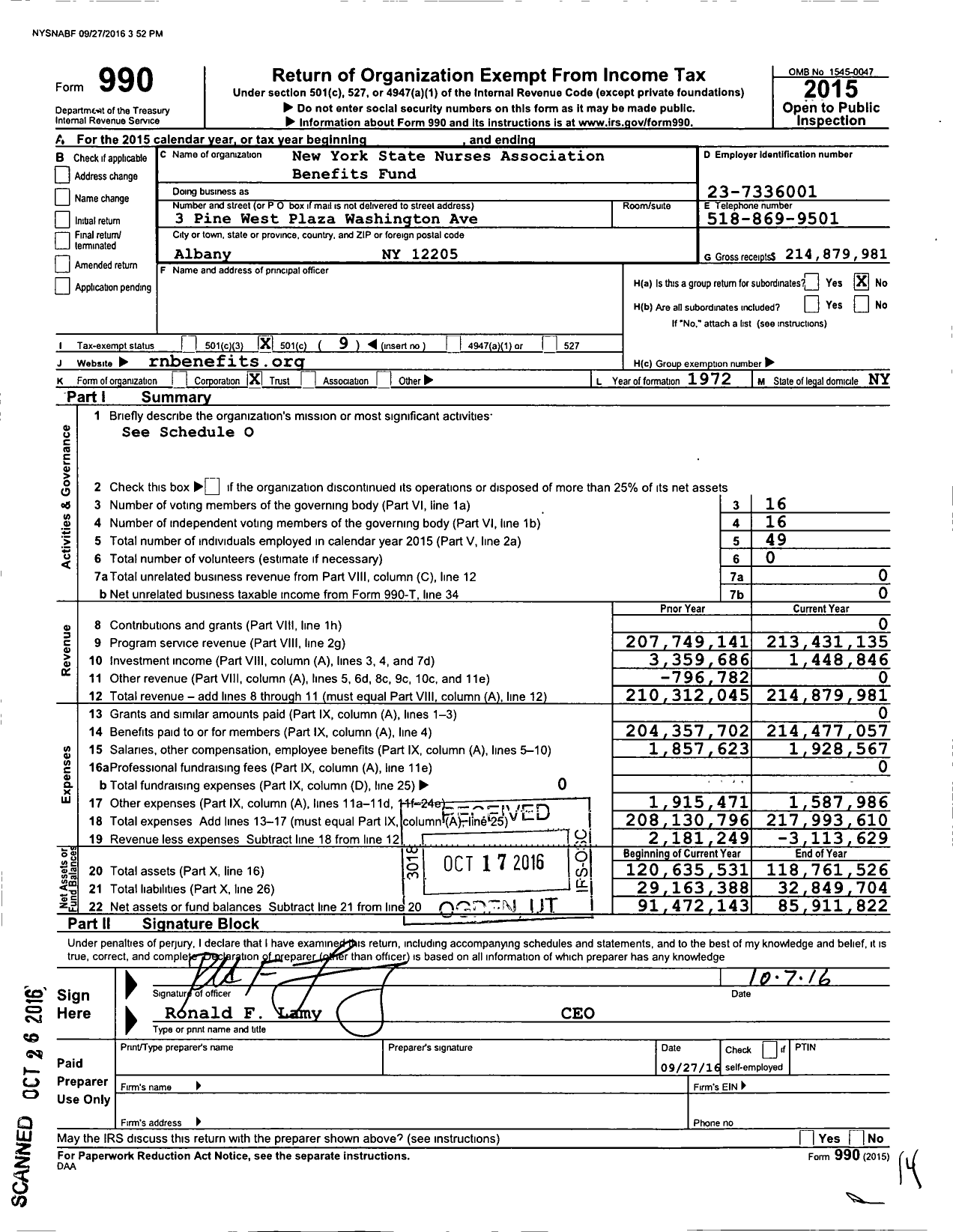 Image of first page of 2015 Form 990O for New York State Nurses Association Pension Plan and Benefits Fund