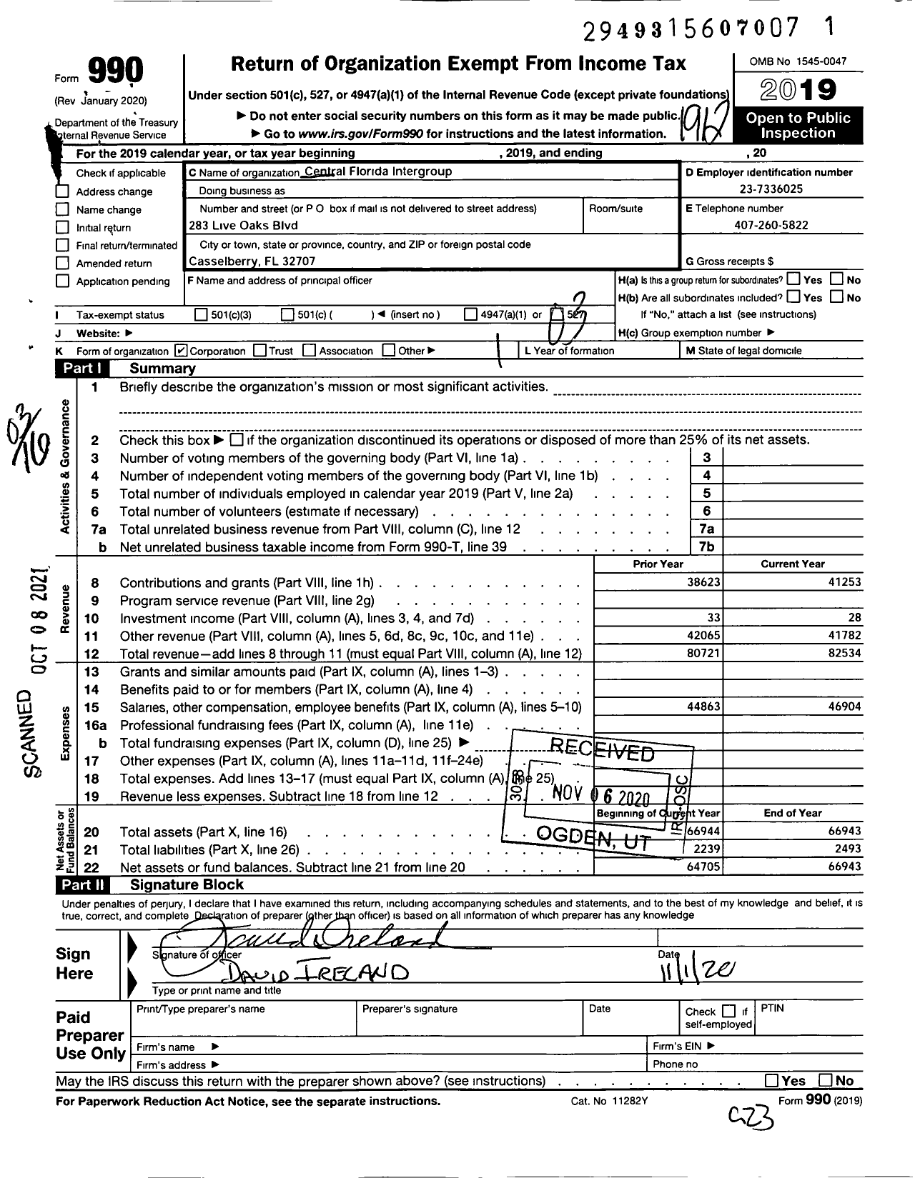 Image of first page of 2019 Form 990 for Central Florida Intergroup Services