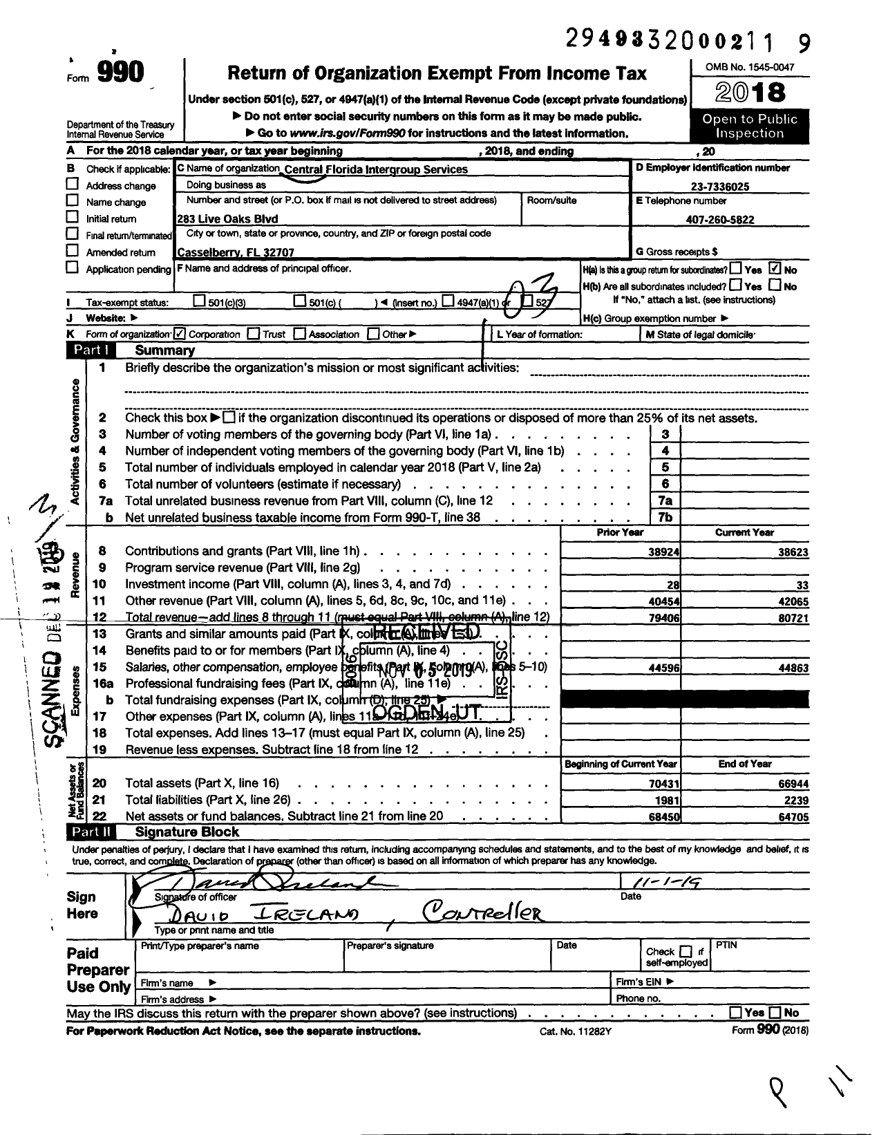 Image of first page of 2018 Form 990 for Central Florida Intergroup Services