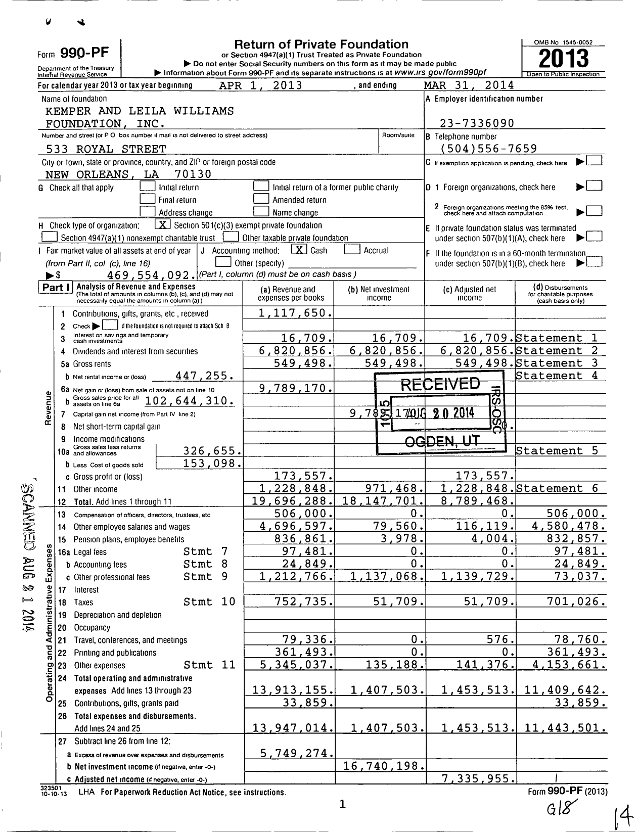 Image of first page of 2013 Form 990PF for Kemper and Leila Williams Foundation