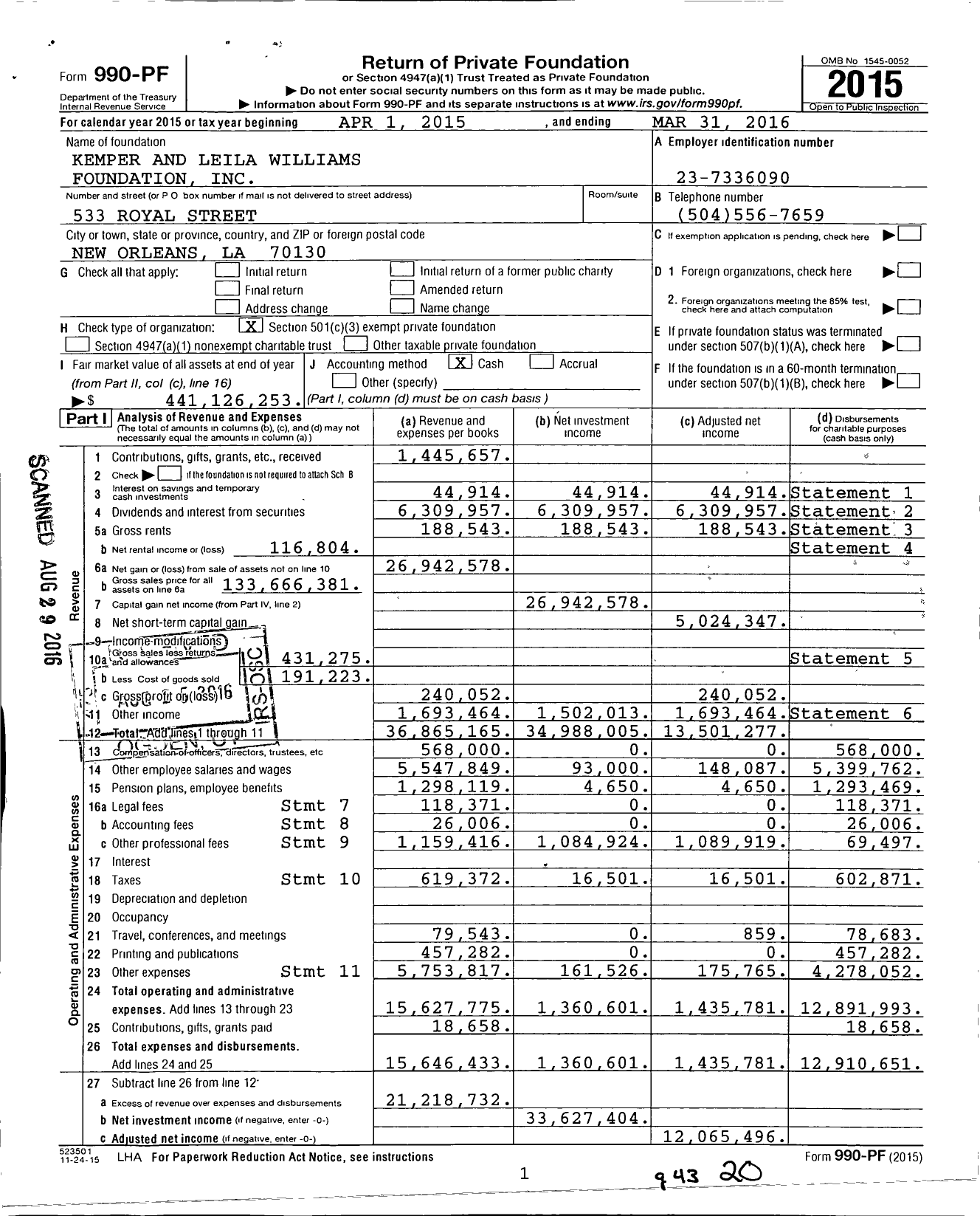 Image of first page of 2015 Form 990PF for Kemper and Leila Williams Foundation