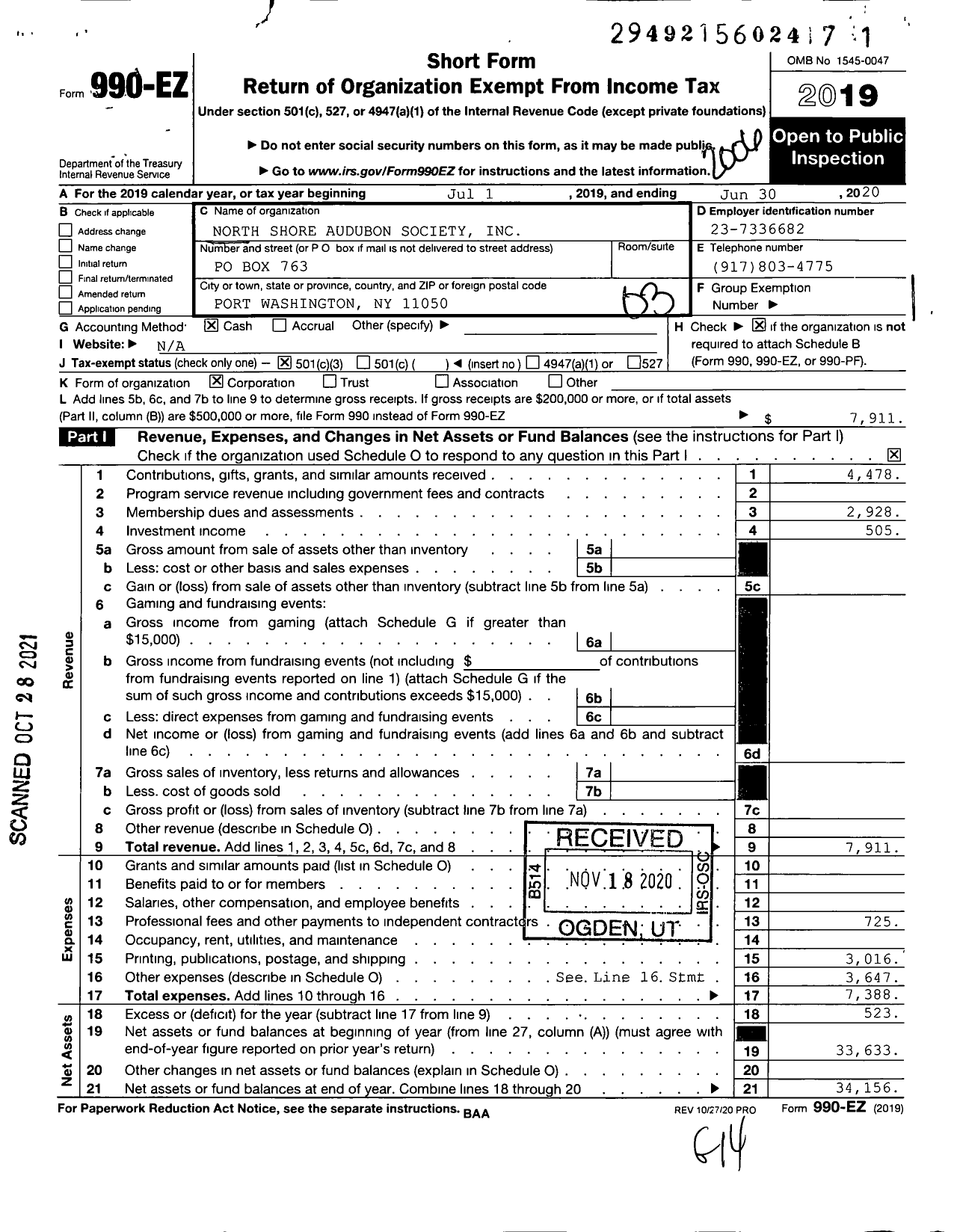 Image of first page of 2019 Form 990EZ for North Shore Audobon Society