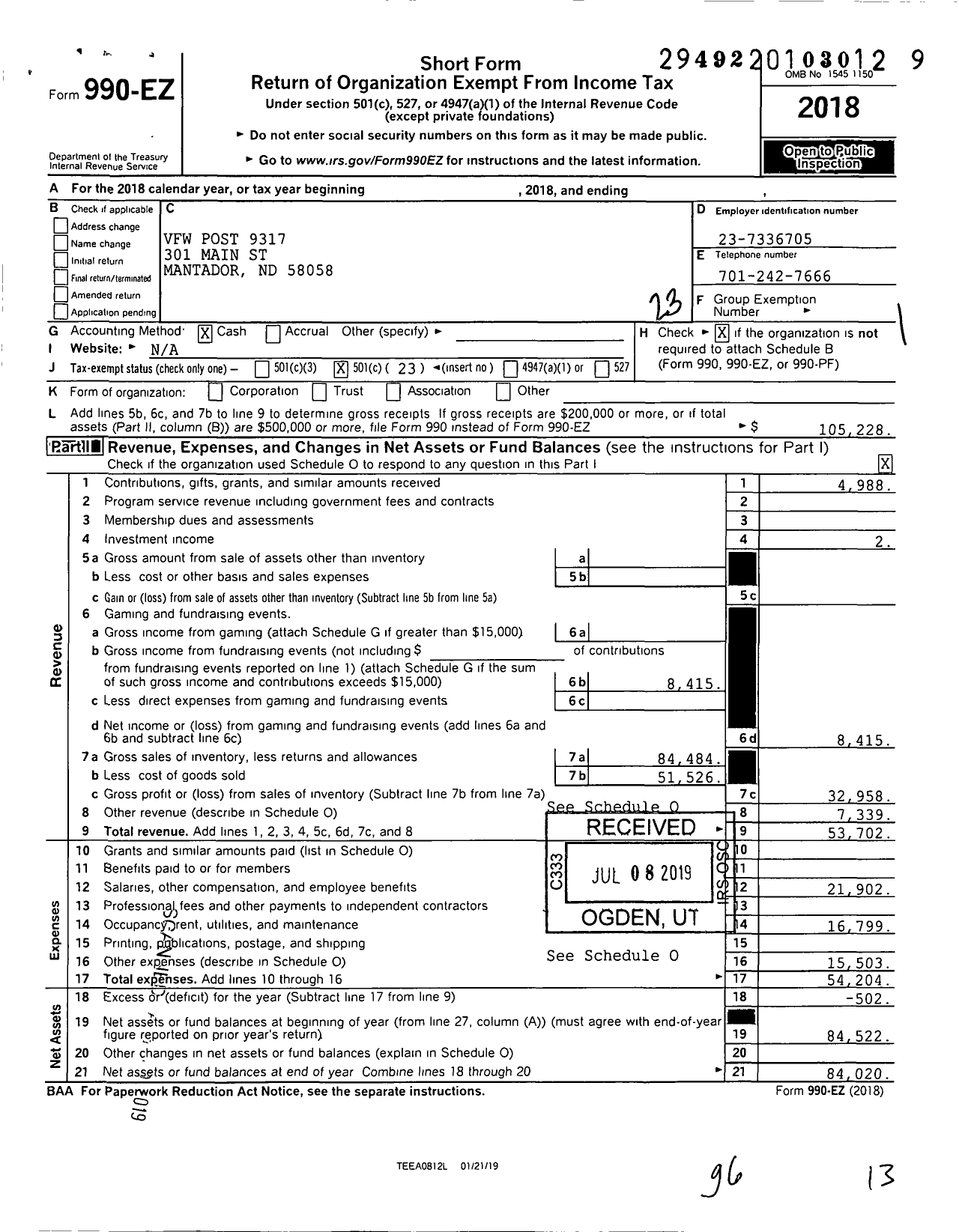 Image of first page of 2018 Form 990EO for Veterans of Foreign Wars of the United States Dept of North Dakota - 9317 Mantador Memorial