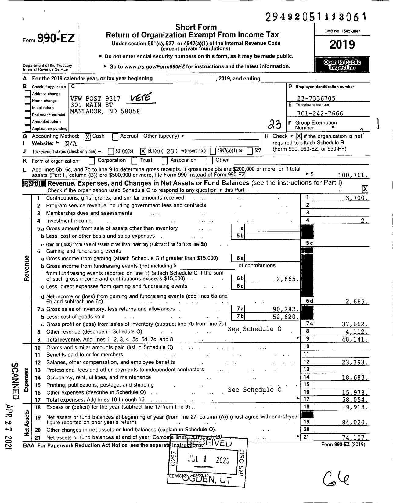 Image of first page of 2019 Form 990EO for Veterans of Foreign Wars of the United States Dept of North Dakota - 9317 Mantador Memorial