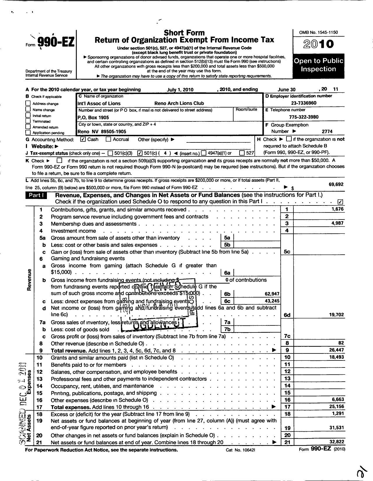 Image of first page of 2010 Form 990EO for Lions Clubs - Reno Arch Lions Club