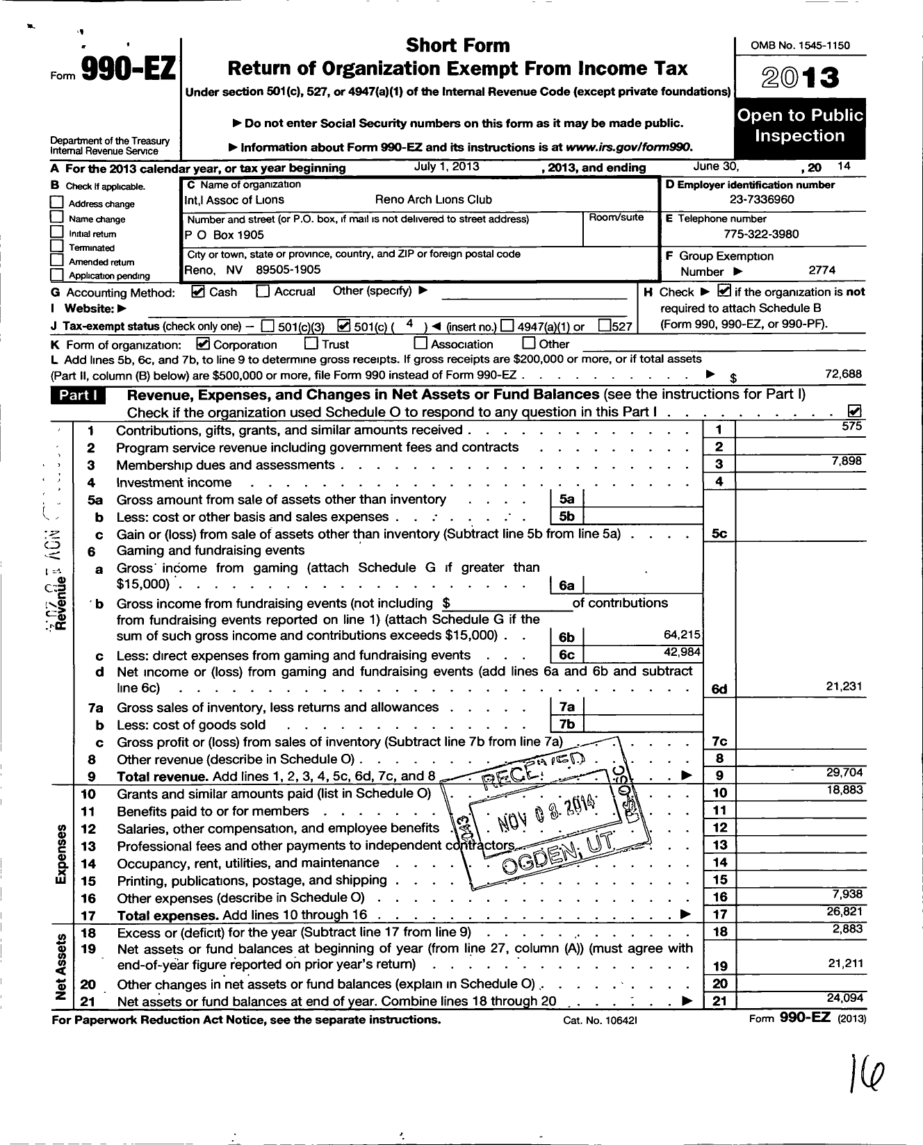 Image of first page of 2013 Form 990EO for Lions Clubs - Reno Arch Lions Club