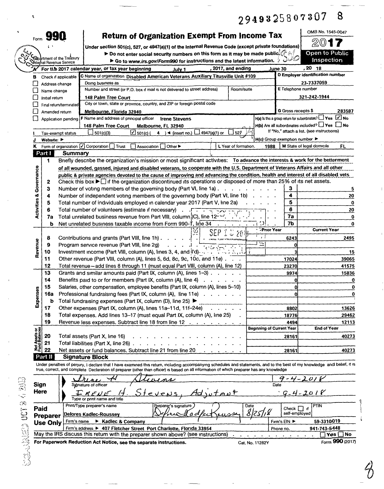 Image of first page of 2017 Form 990O for Disabled American Veterans Auxiliary - 109 Titusville