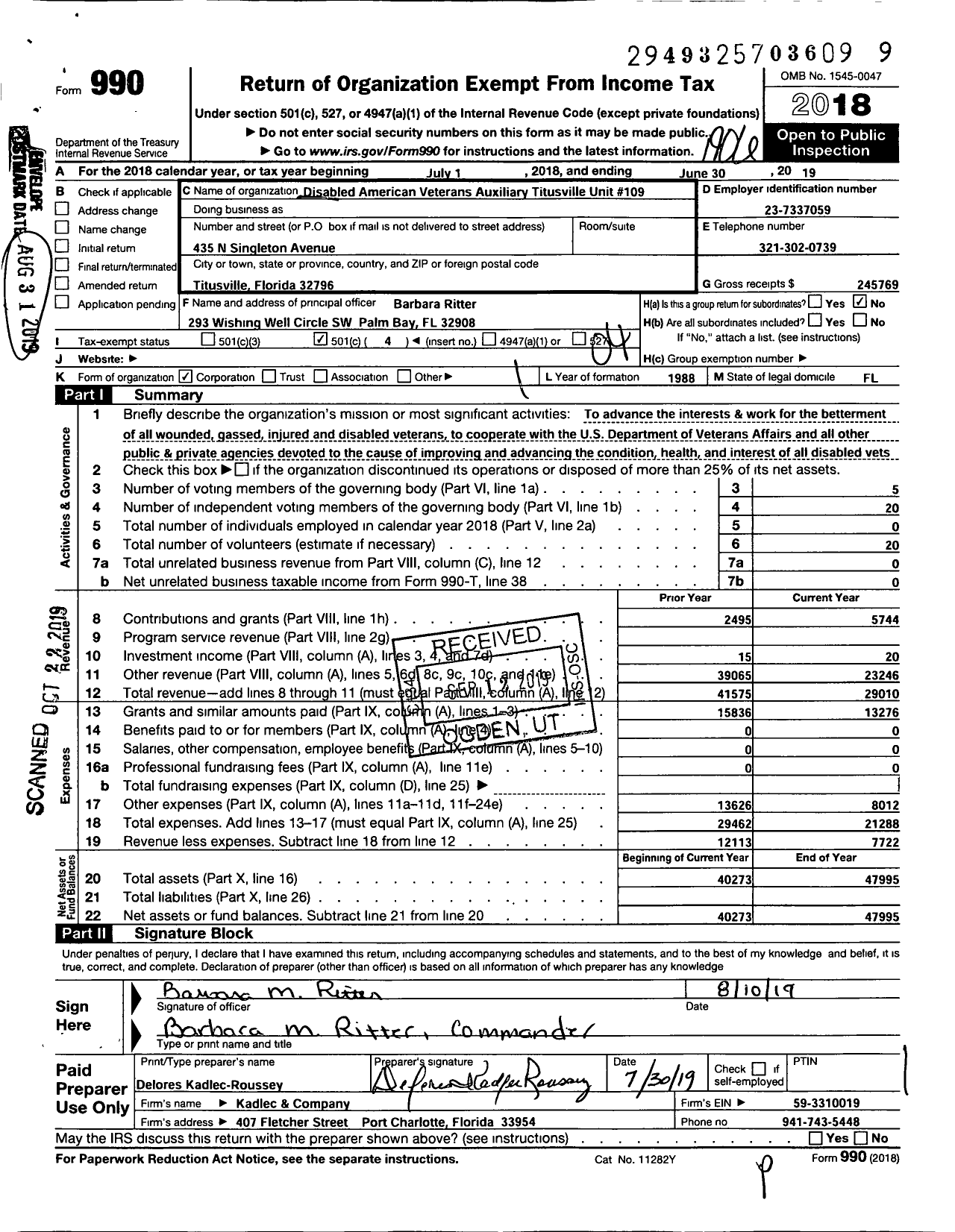 Image of first page of 2018 Form 990O for Disabled American Veterans Auxiliary - 109 Titusville