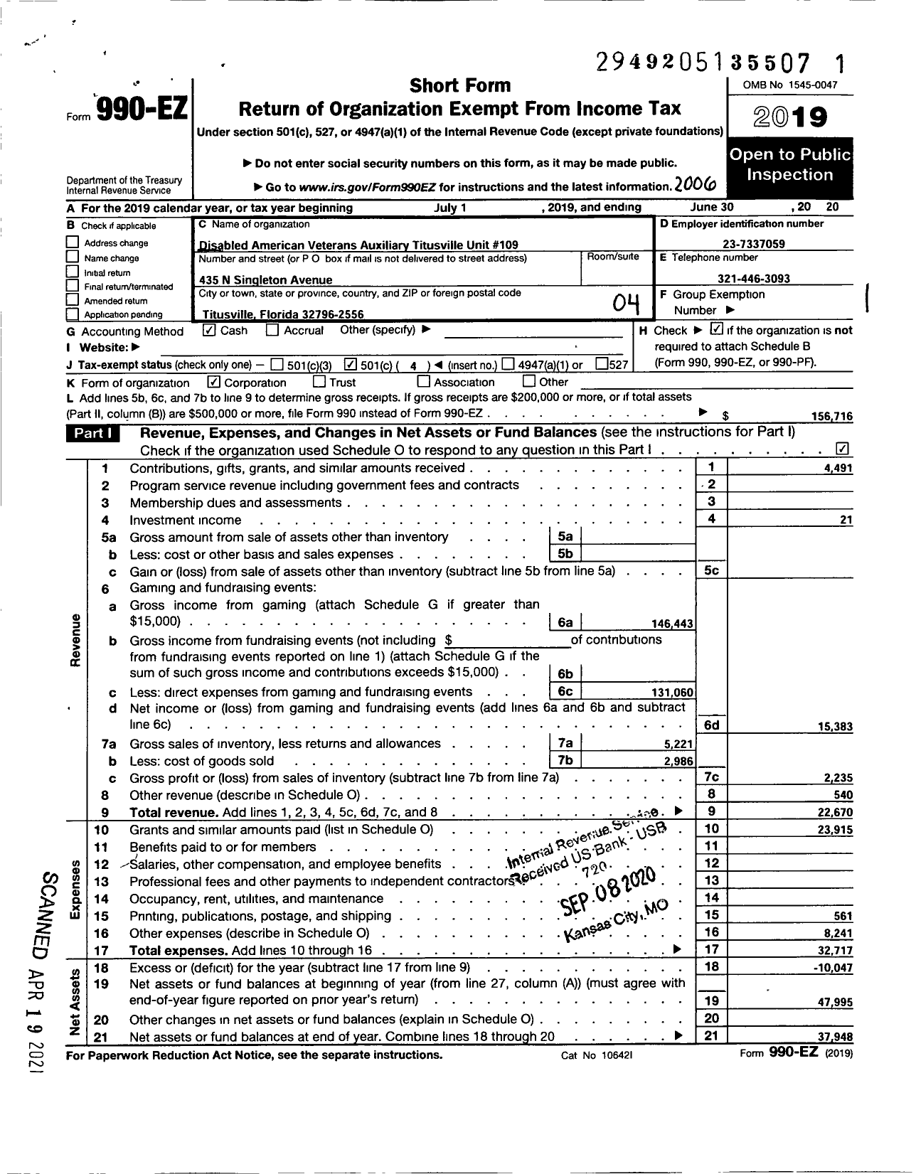 Image of first page of 2019 Form 990EO for Disabled American Veterans Auxiliary - 109 Titusville