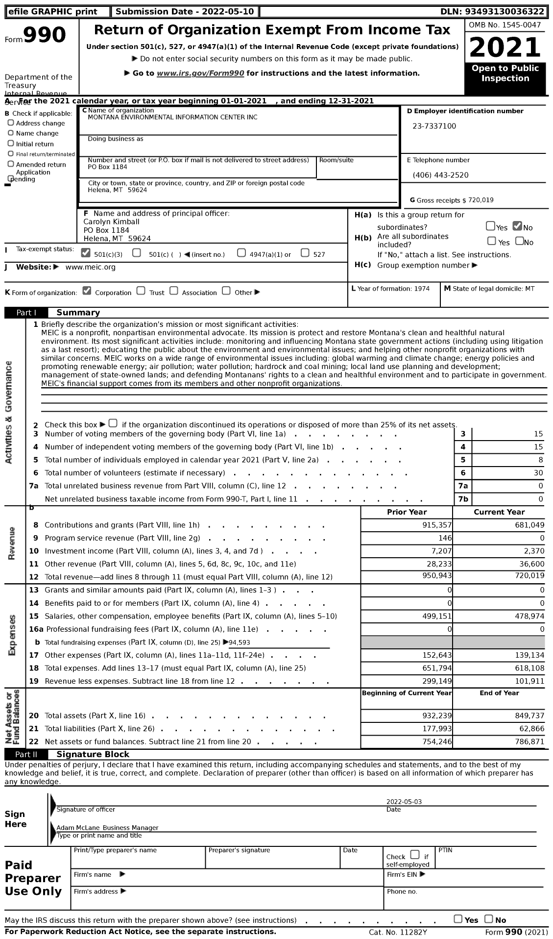 Image of first page of 2021 Form 990 for Montana Environmental Information Center (MEIC)