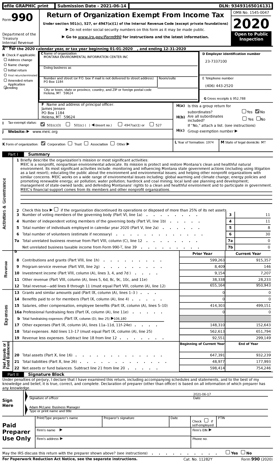 Image of first page of 2020 Form 990 for Montana Environmental Information Center (MEIC)