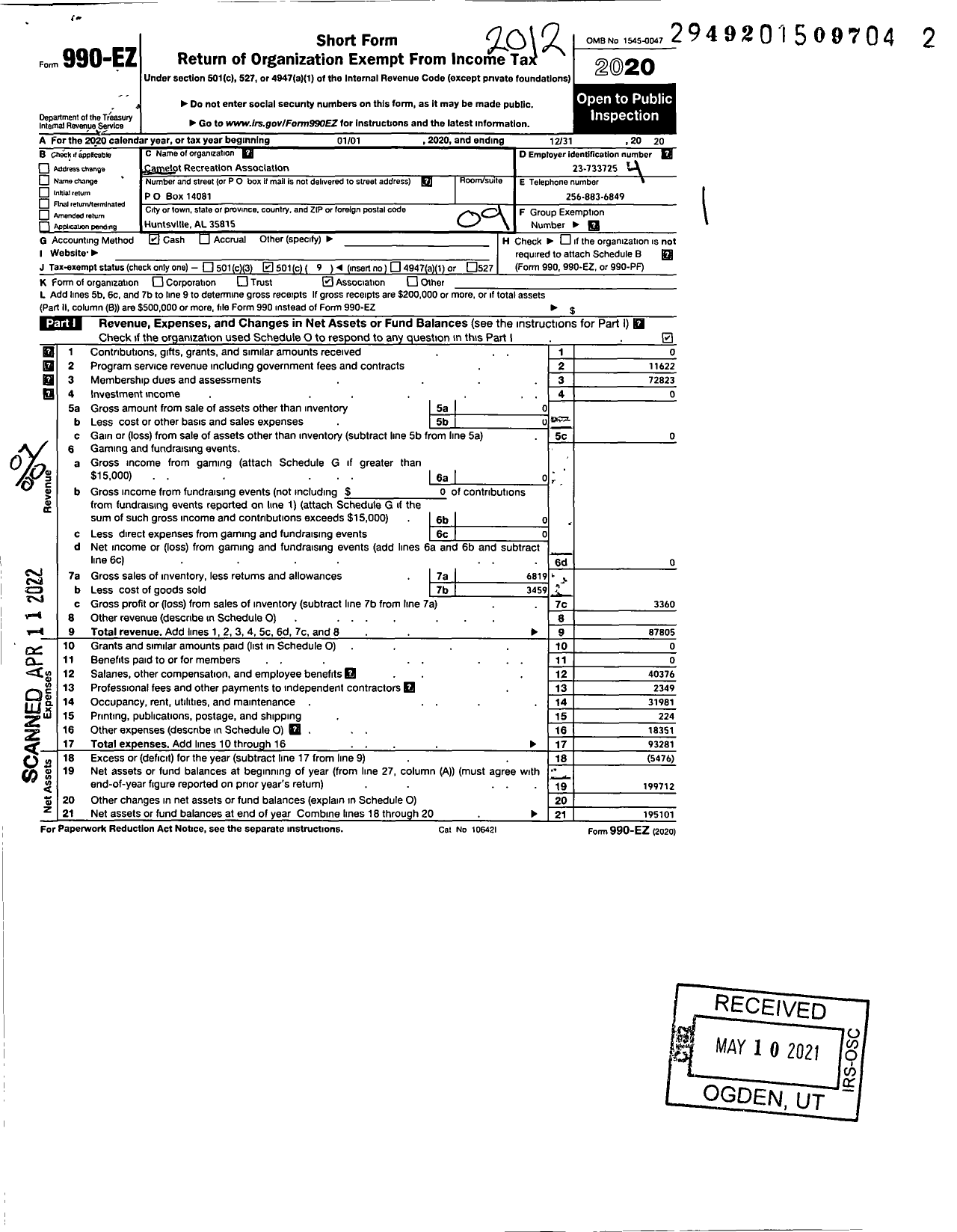 Image of first page of 2020 Form 990EO for Camelot Recreation Association