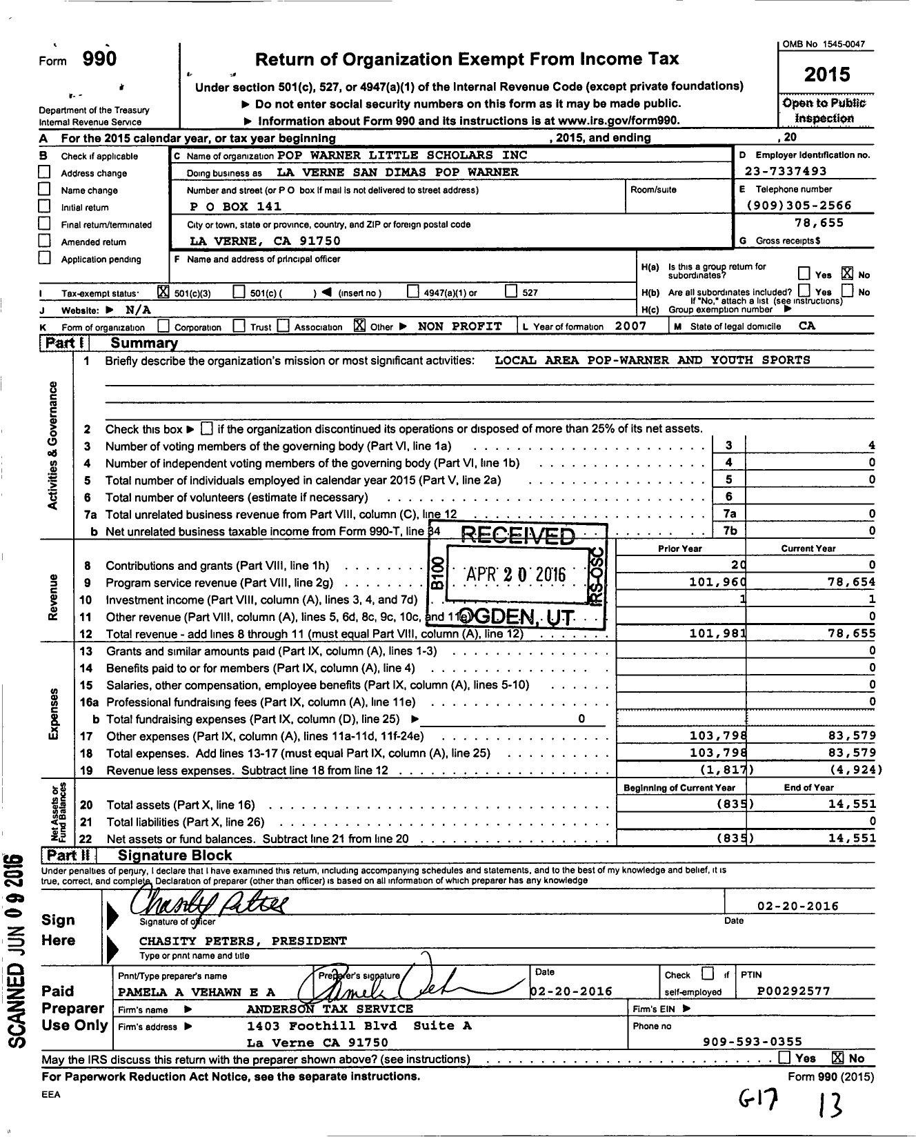 Image of first page of 2015 Form 990 for La Verne San Dimas Pop Warner