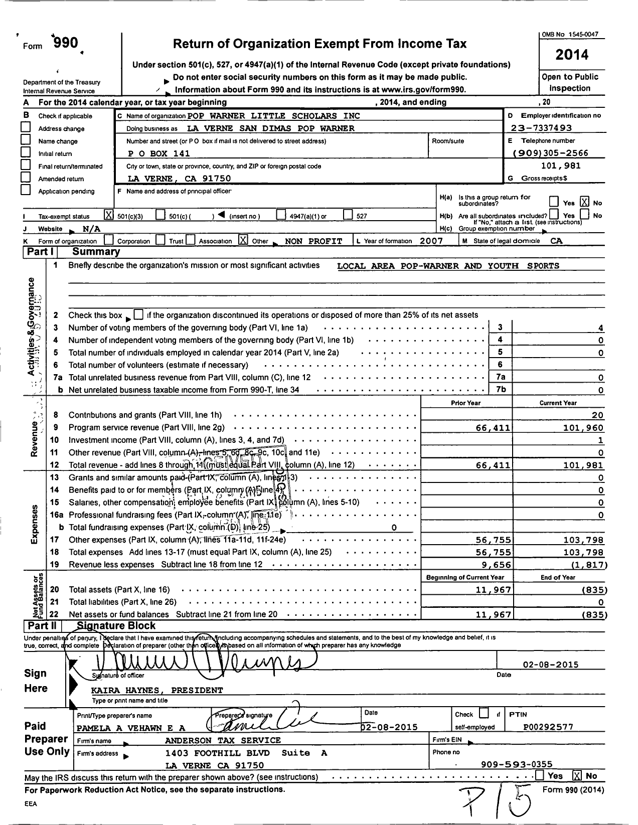 Image of first page of 2014 Form 990 for La Verne San Dimas Pop Warner