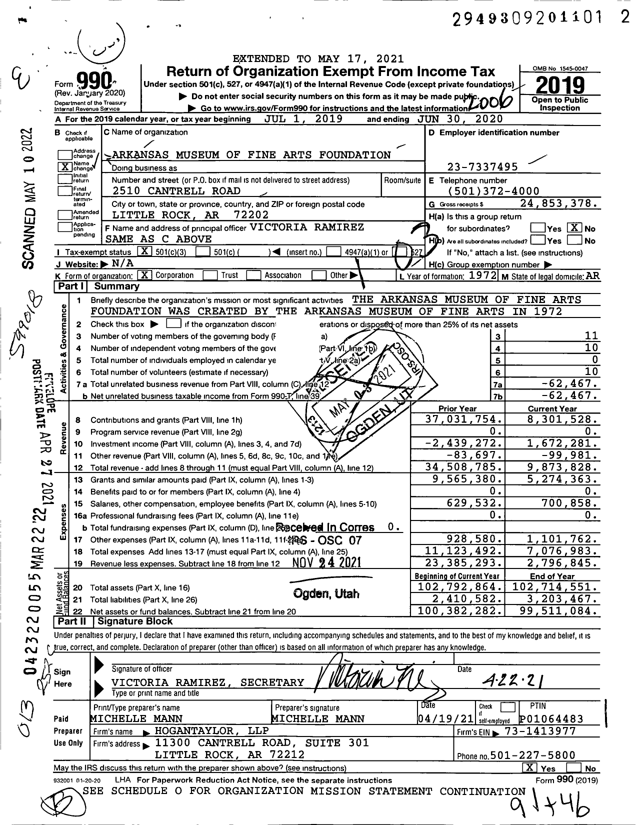 Image of first page of 2019 Form 990 for Arkansas Museum of Fine Arts Foundation