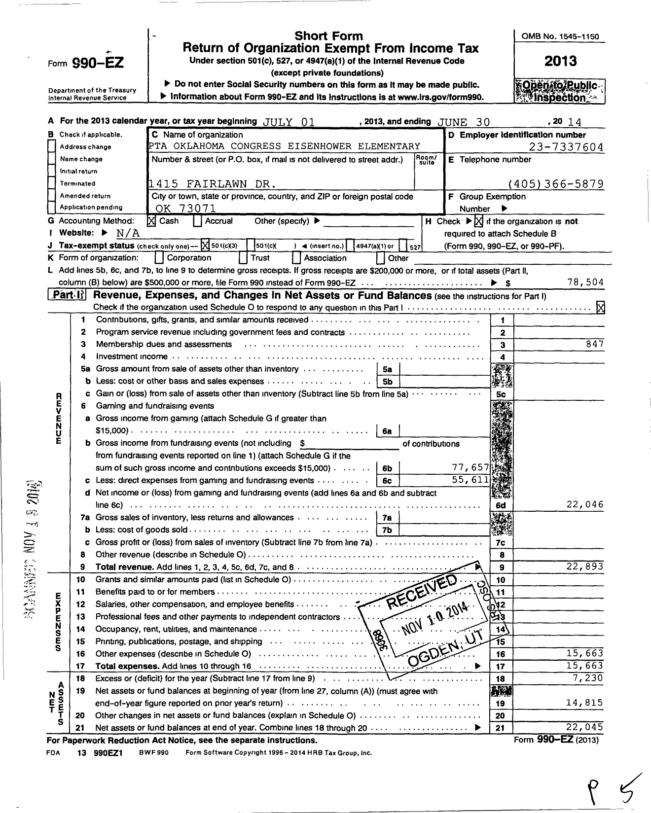 Image of first page of 2013 Form 990EZ for PTA Oklahoma Congress / Eisenhower Elementary