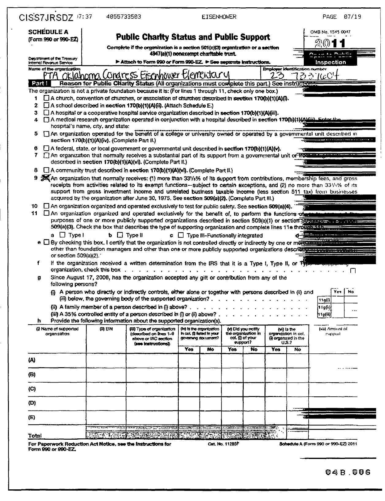 Image of first page of 2011 Form 990ER for PTA Oklahoma Congress / Eisenhower Elementary