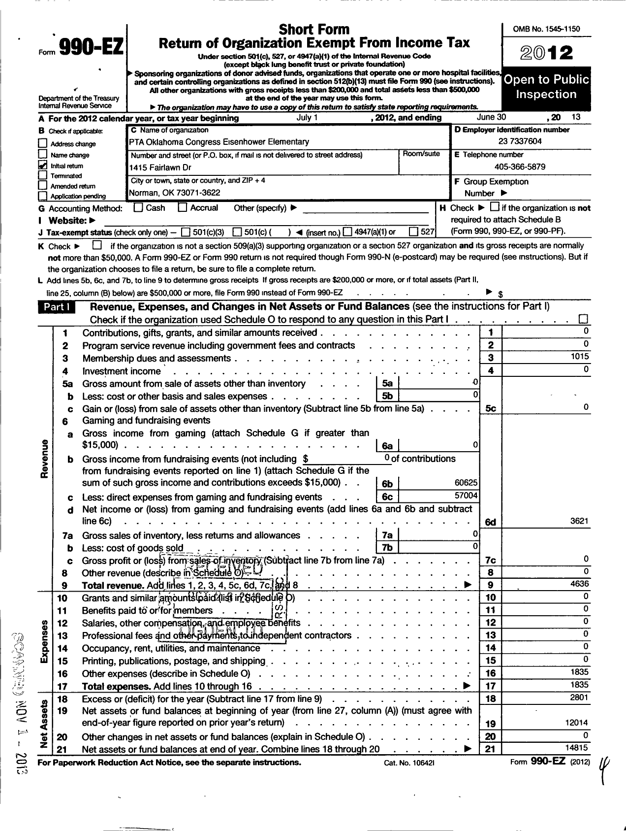 Image of first page of 2012 Form 990EO for PTA Oklahoma Congress / Eisenhower Elementary