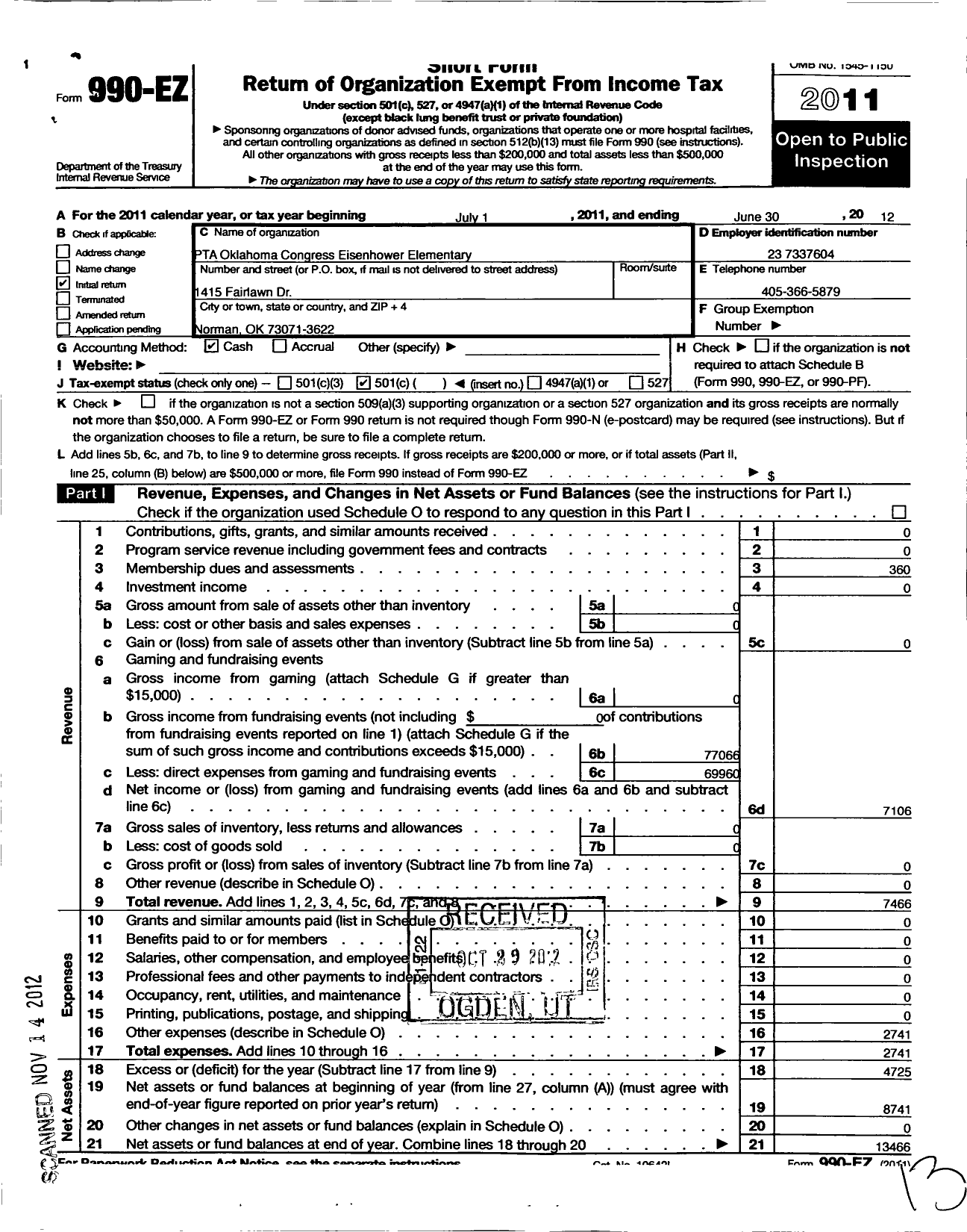 Image of first page of 2011 Form 990EO for PTA Oklahoma Congress / Eisenhower Elementary