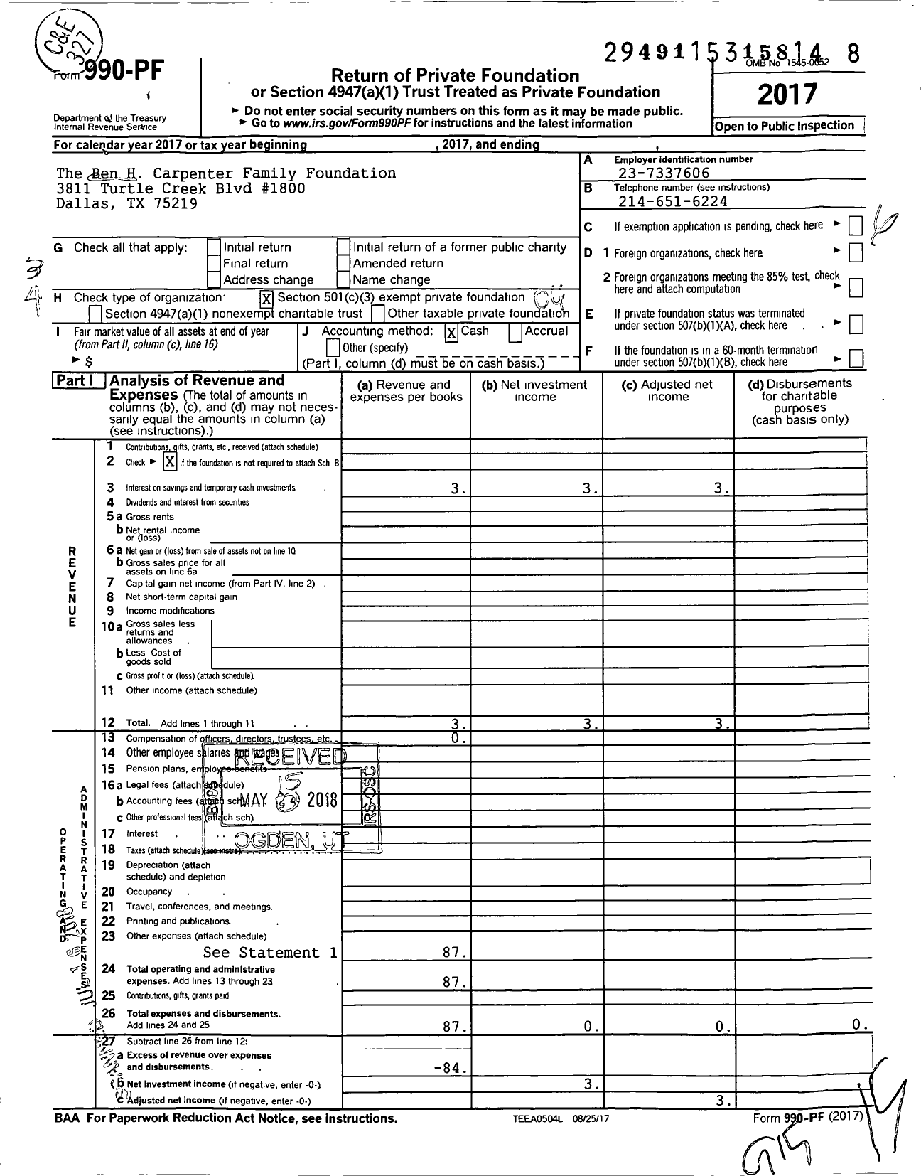 Image of first page of 2017 Form 990PF for The Ben H Carpenter Family Foundation