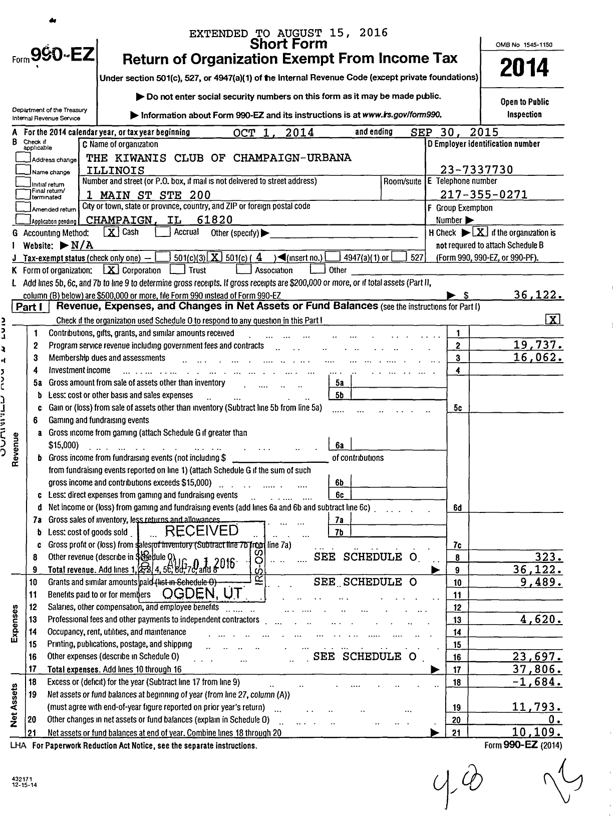 Image of first page of 2014 Form 990EO for Kiwanis International - K00499 Champaign-Urbana