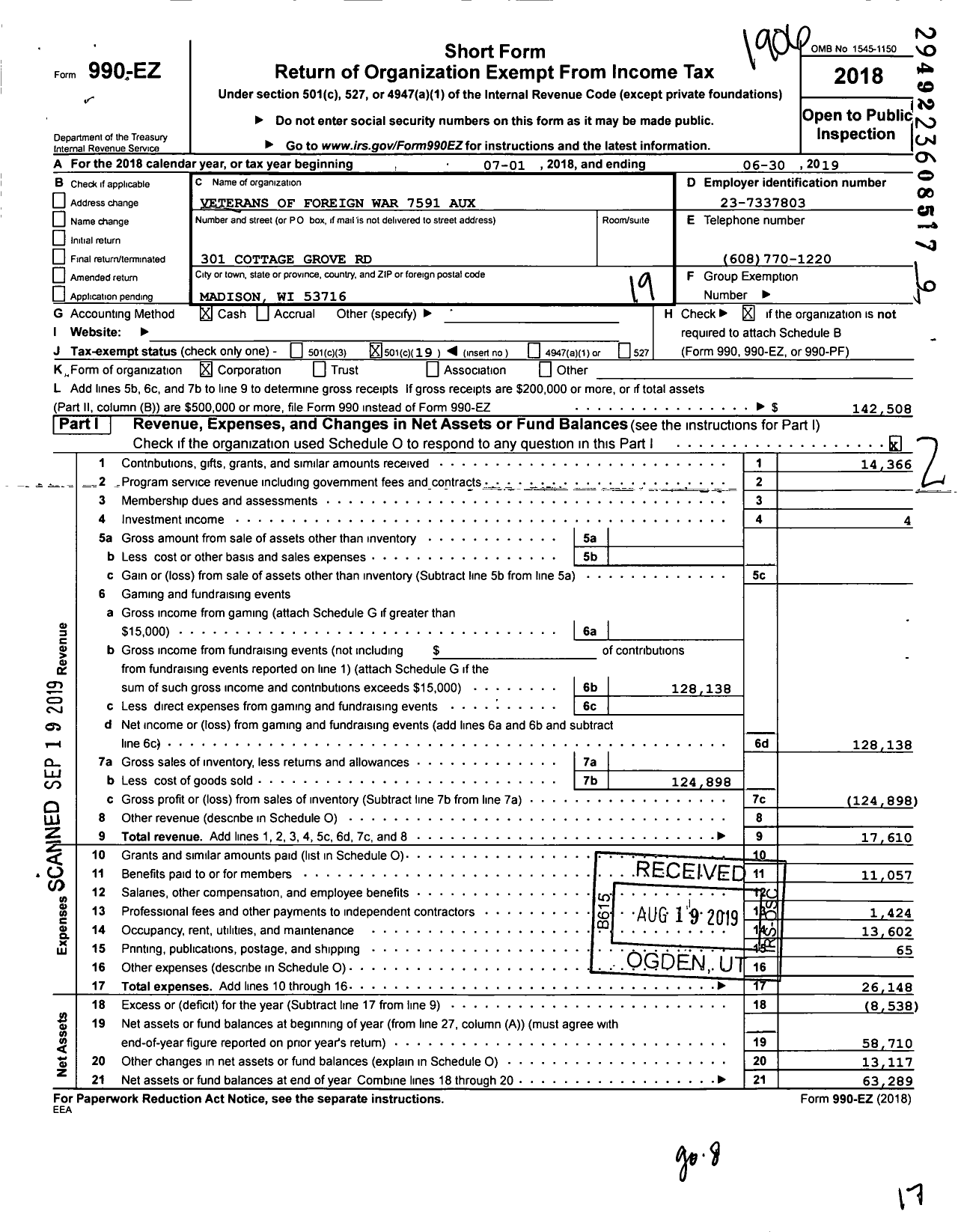 Image of first page of 2018 Form 990EO for VFW Wi - 7591 Vfw-Aux Day Post