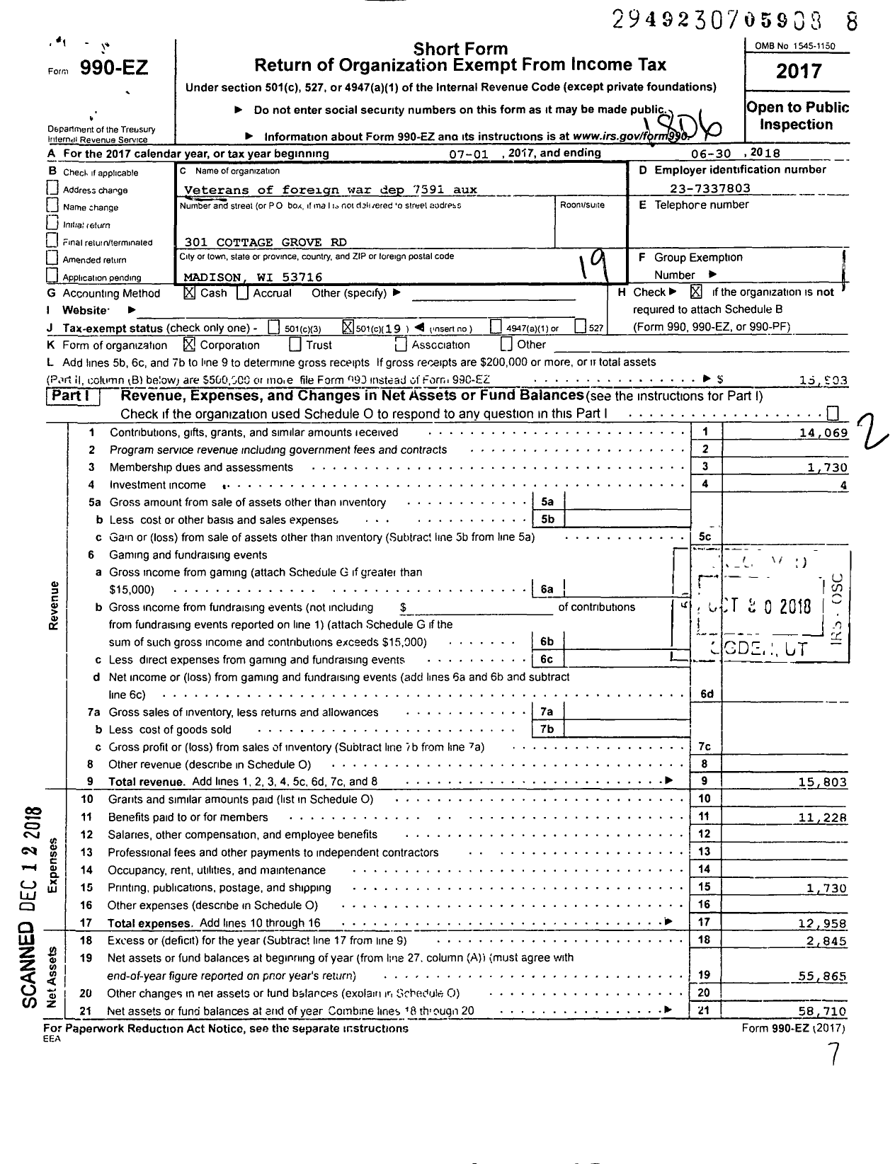 Image of first page of 2017 Form 990EO for VFW Wi - 7591 Vfw-Aux Day Post