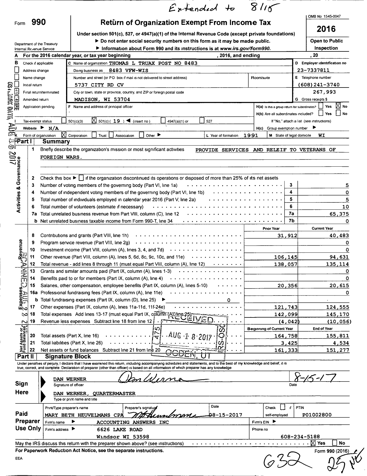 Image of first page of 2016 Form 990O for VFW Wi - Thomas L Truax Post No 8483