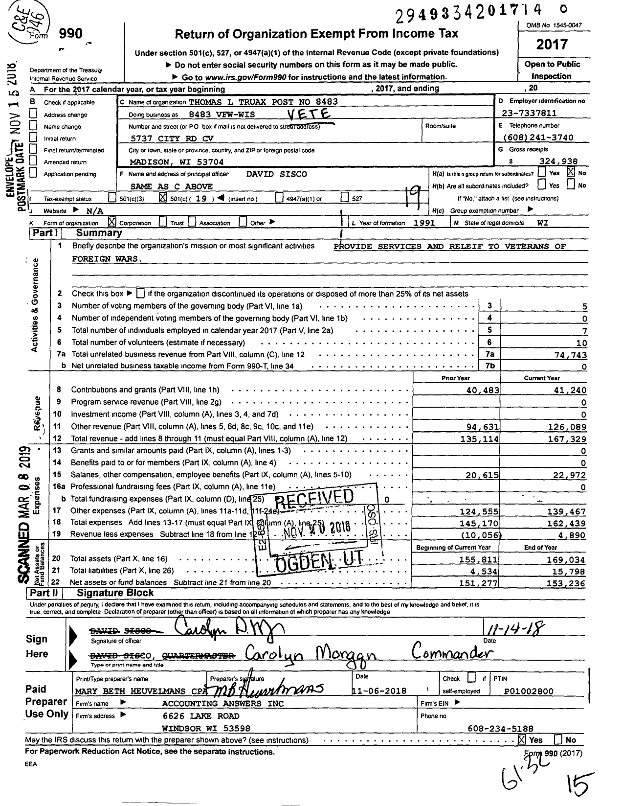 Image of first page of 2017 Form 990O for VFW Wi - Thomas L Truax Post No 8483