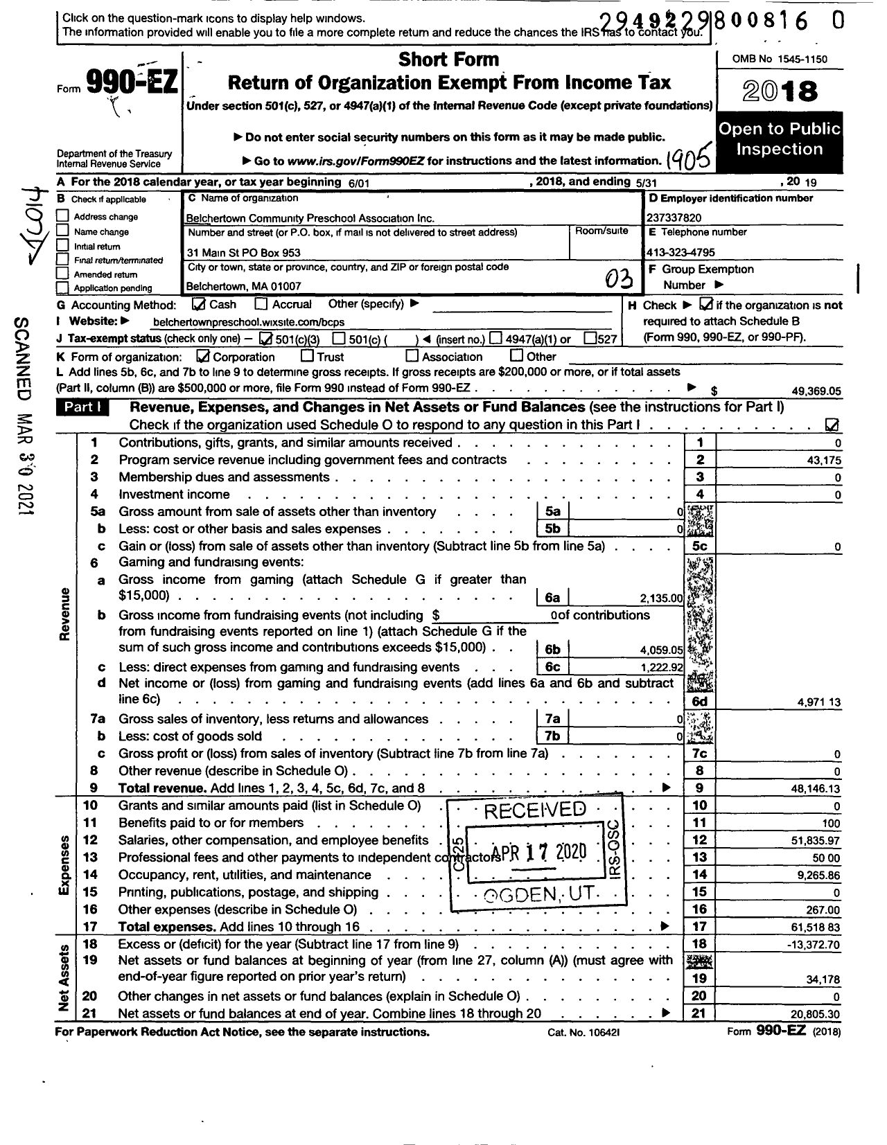 Image of first page of 2018 Form 990EZ for Belchertown Community Preschool Association