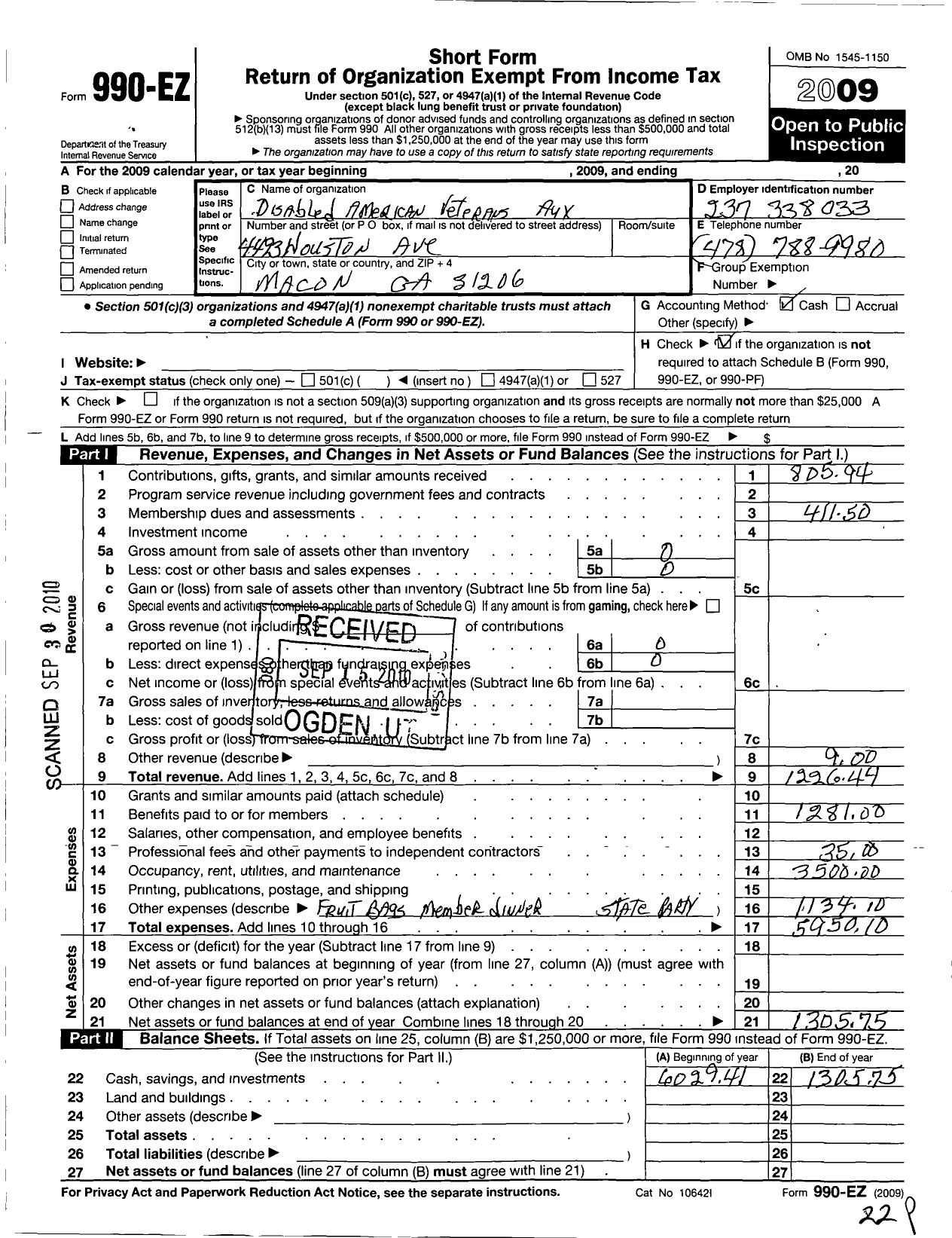 Image of first page of 2009 Form 990EO for Disabled American Veterans Auxiliary - Dept of Georgia