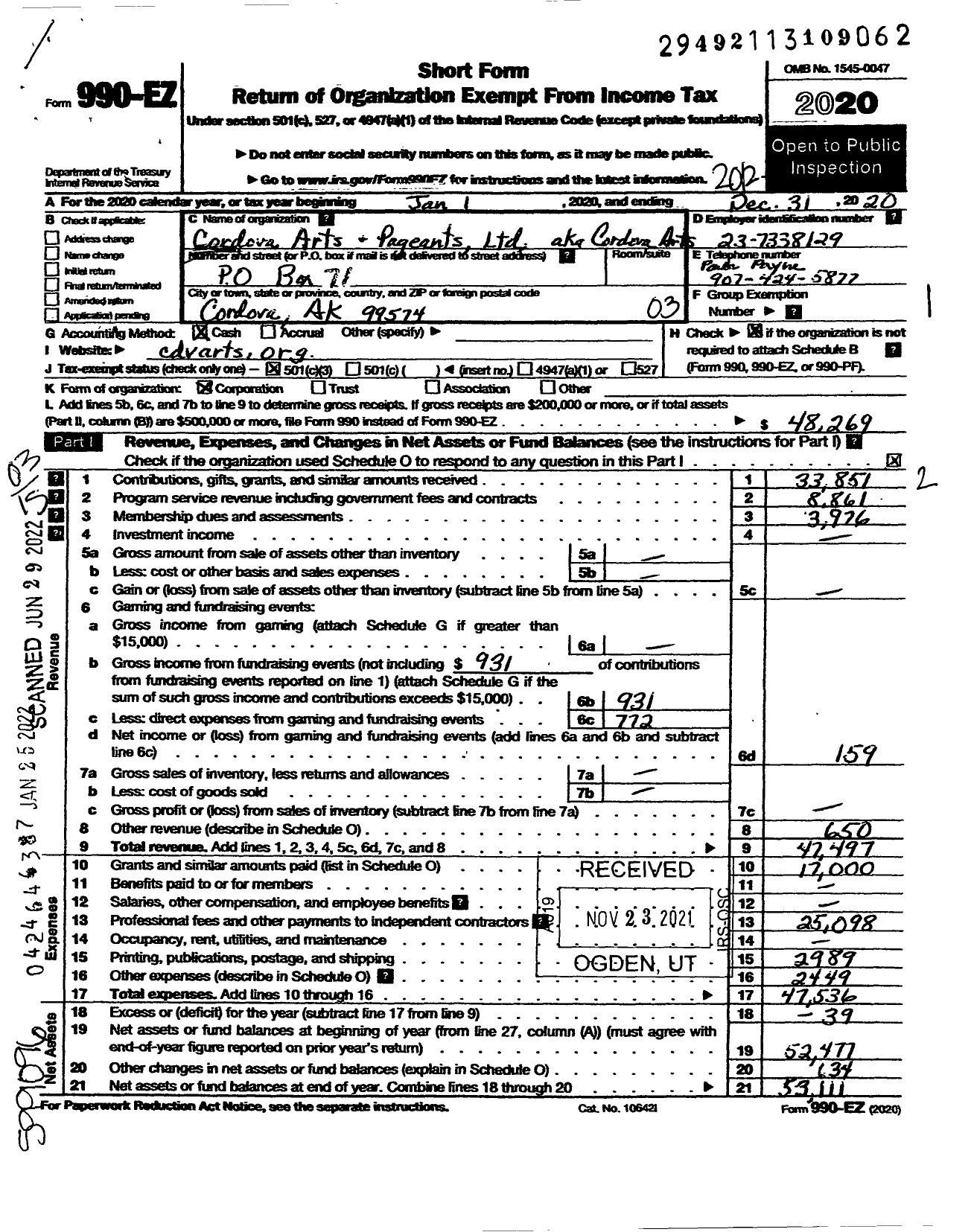 Image of first page of 2020 Form 990EZ for Cordova Arts