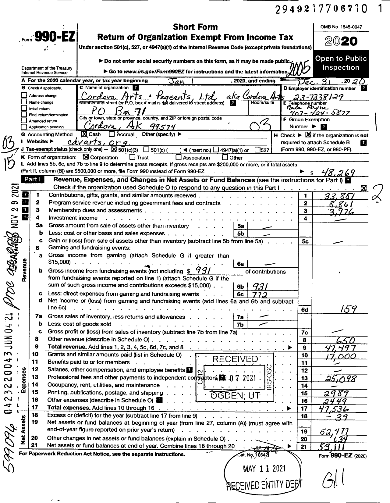 Image of first page of 2019 Form 990EZ for Cordova Arts