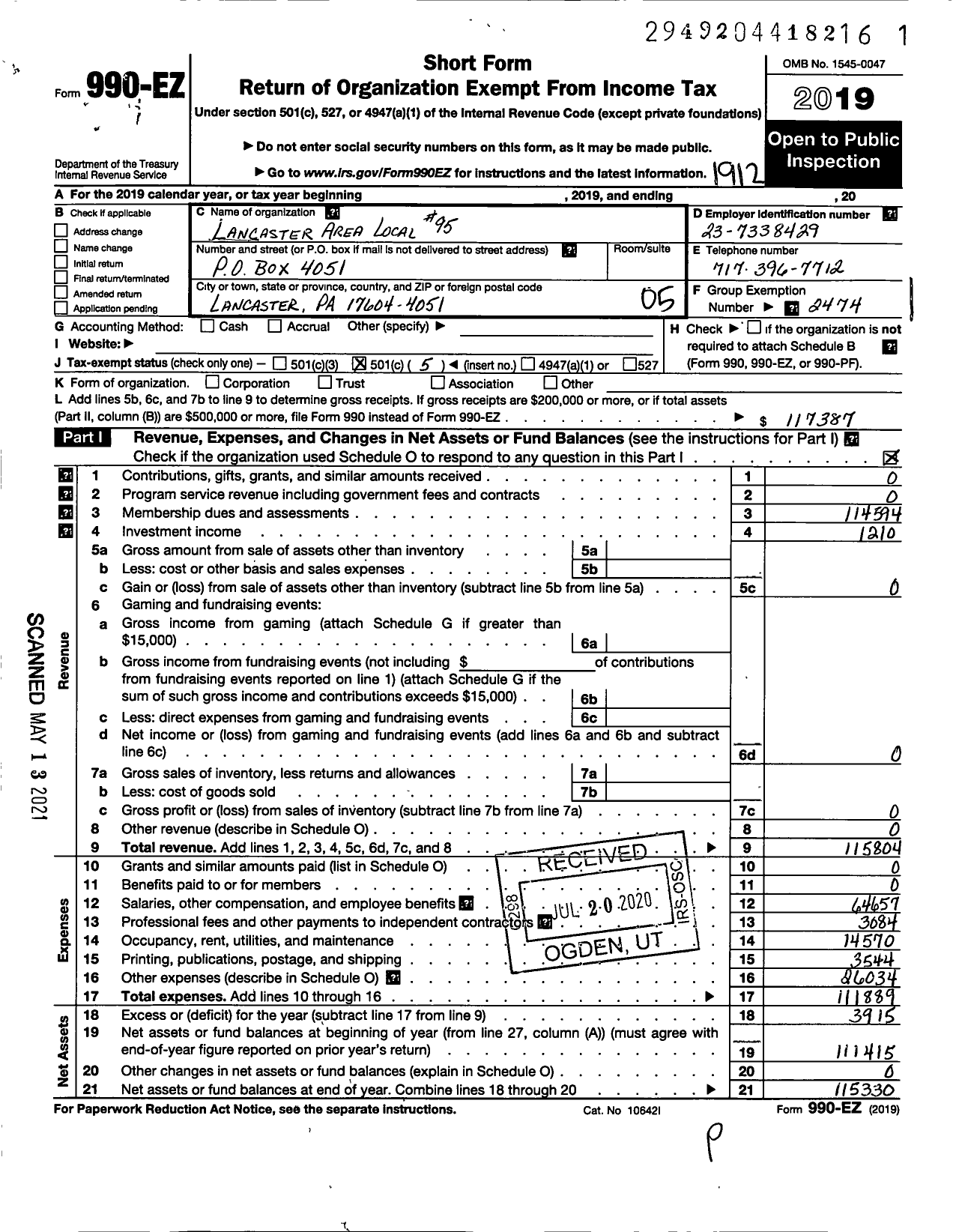 Image of first page of 2019 Form 990EO for American Postal Workers Union - 95 Lancaster Area Local