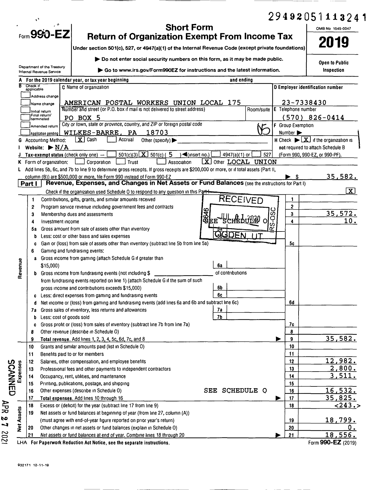 Image of first page of 2019 Form 990EO for American Postal Workers Union - Wilkes Barre Area Local 175