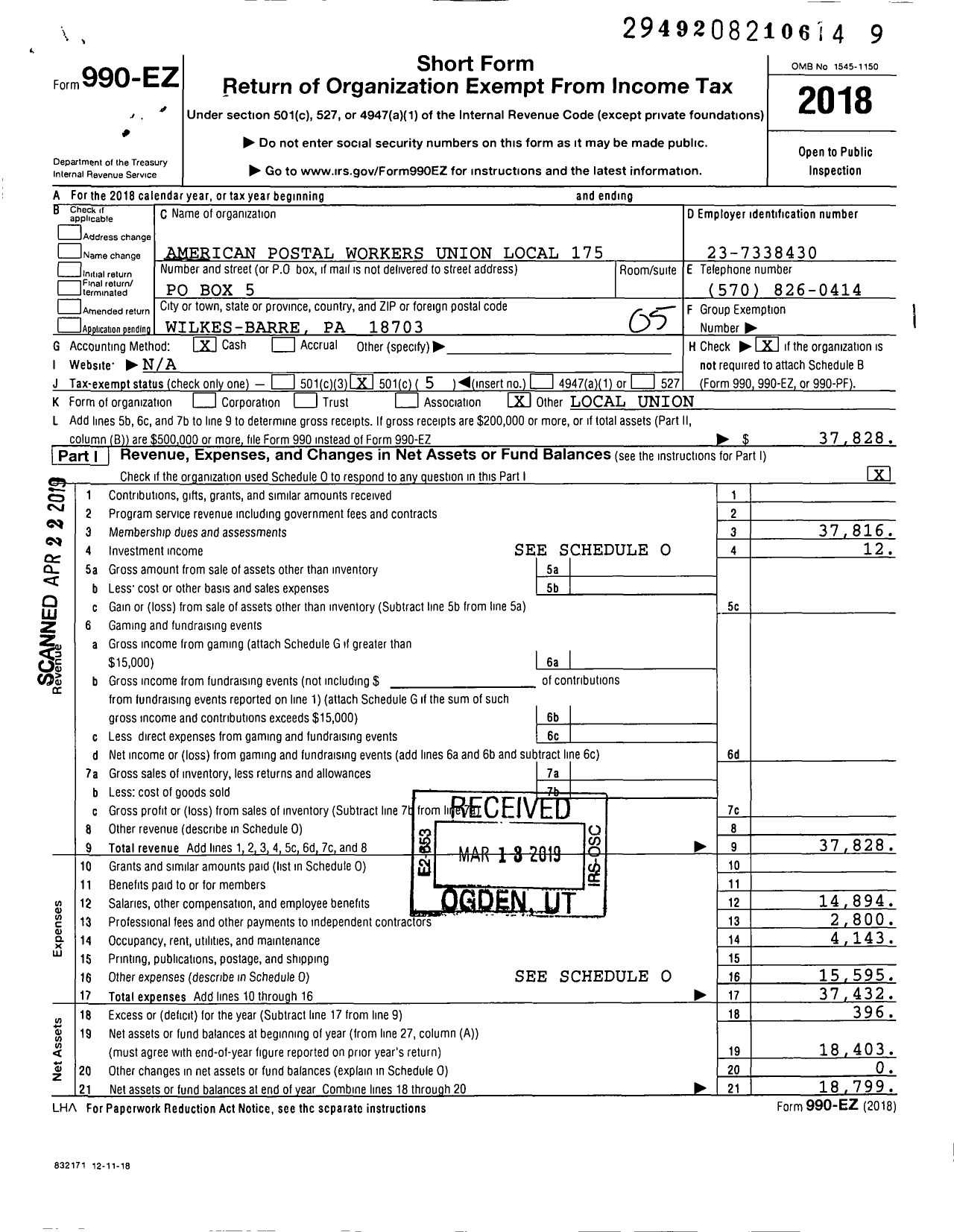 Image of first page of 2018 Form 990EO for American Postal Workers Union - Wilkes Barre Area Local 175