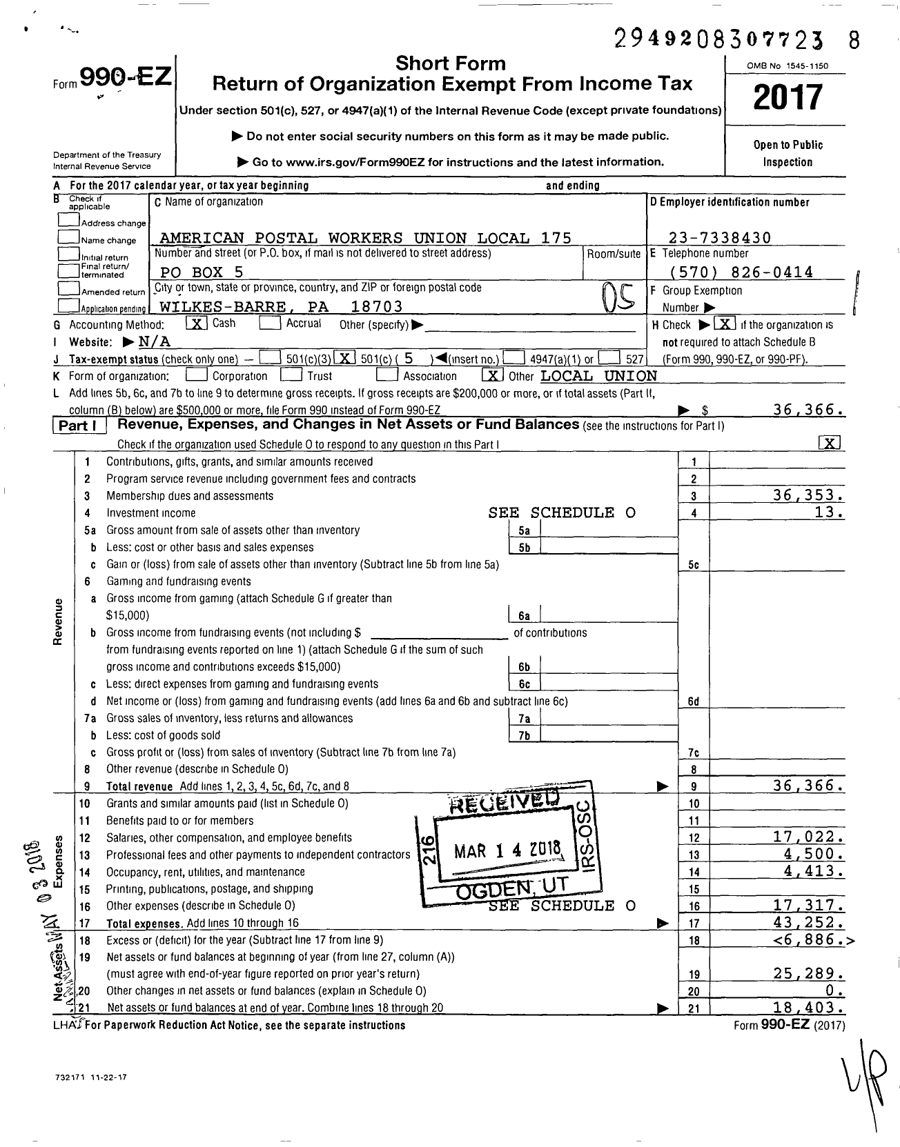 Image of first page of 2017 Form 990EO for American Postal Workers Union - Wilkes Barre Area Local 175