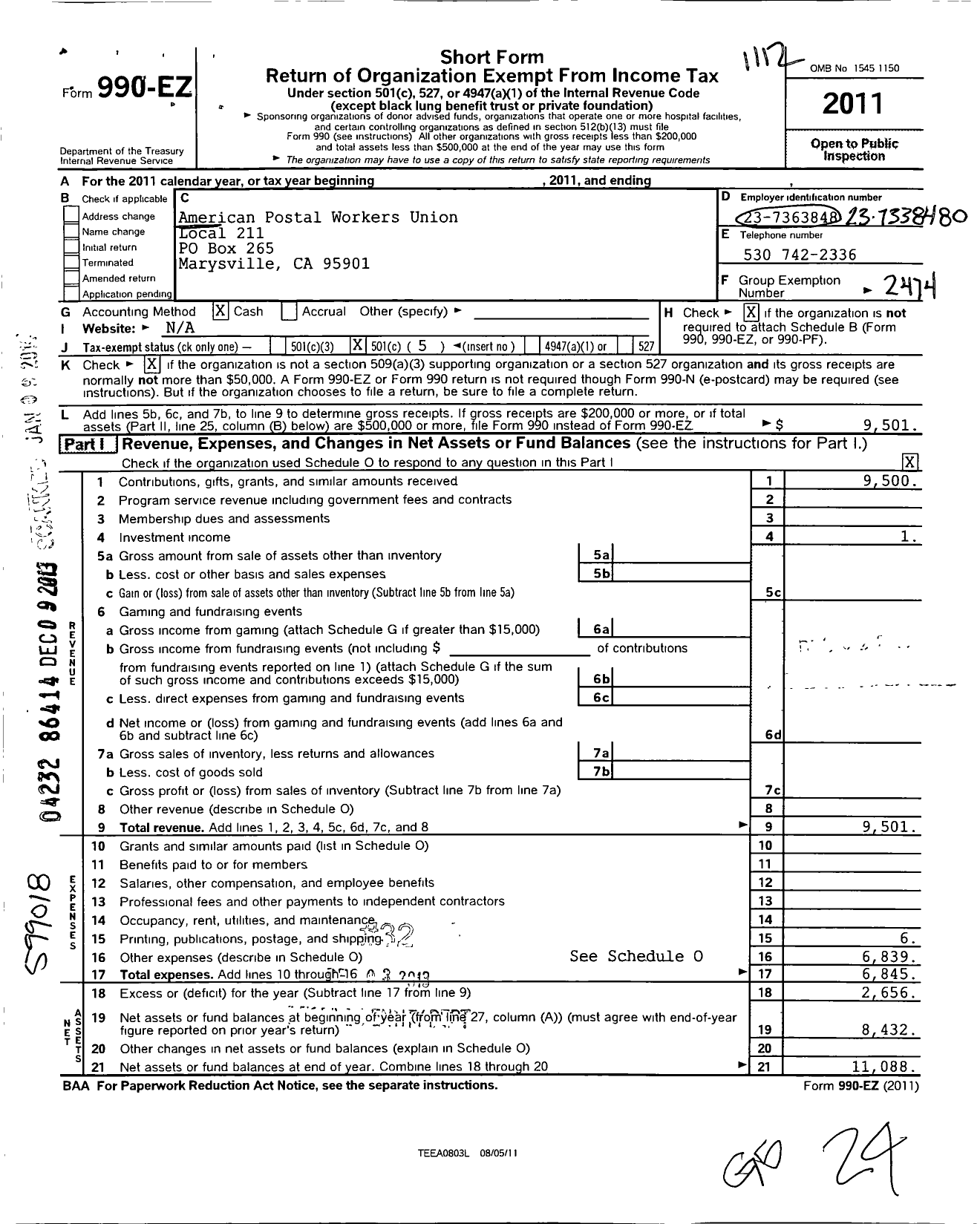 Image of first page of 2011 Form 990EO for American Postal Workers Union - 211 Marysville Area Local