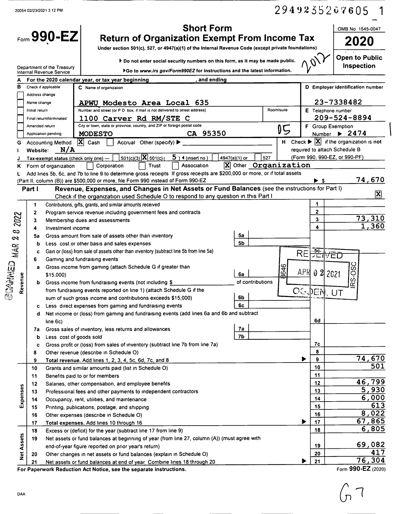 Image of first page of 2020 Form 990EO for American Postal Workers Union - 635 Modesto Area Local
