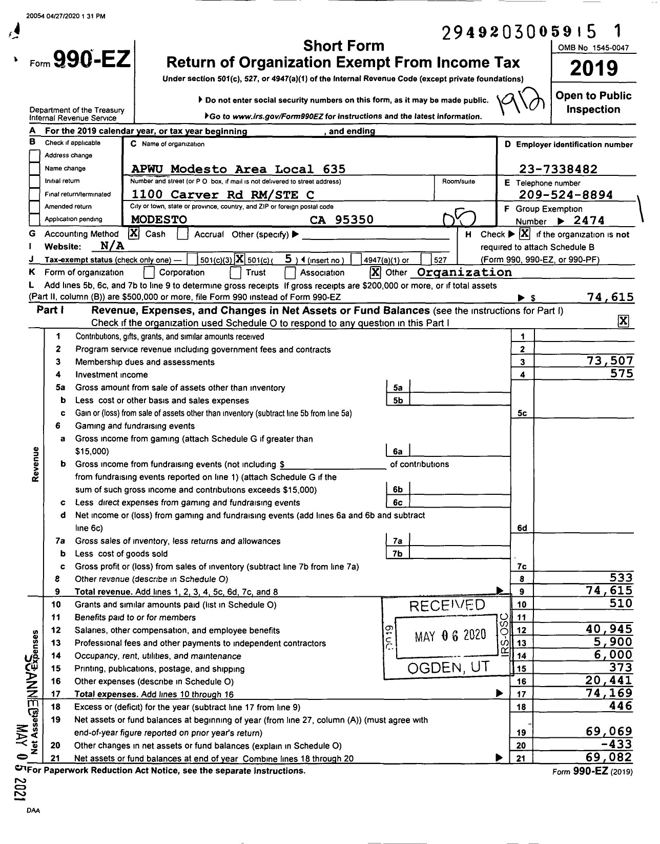 Image of first page of 2019 Form 990EO for American Postal Workers Union - 635 Modesto Area Local