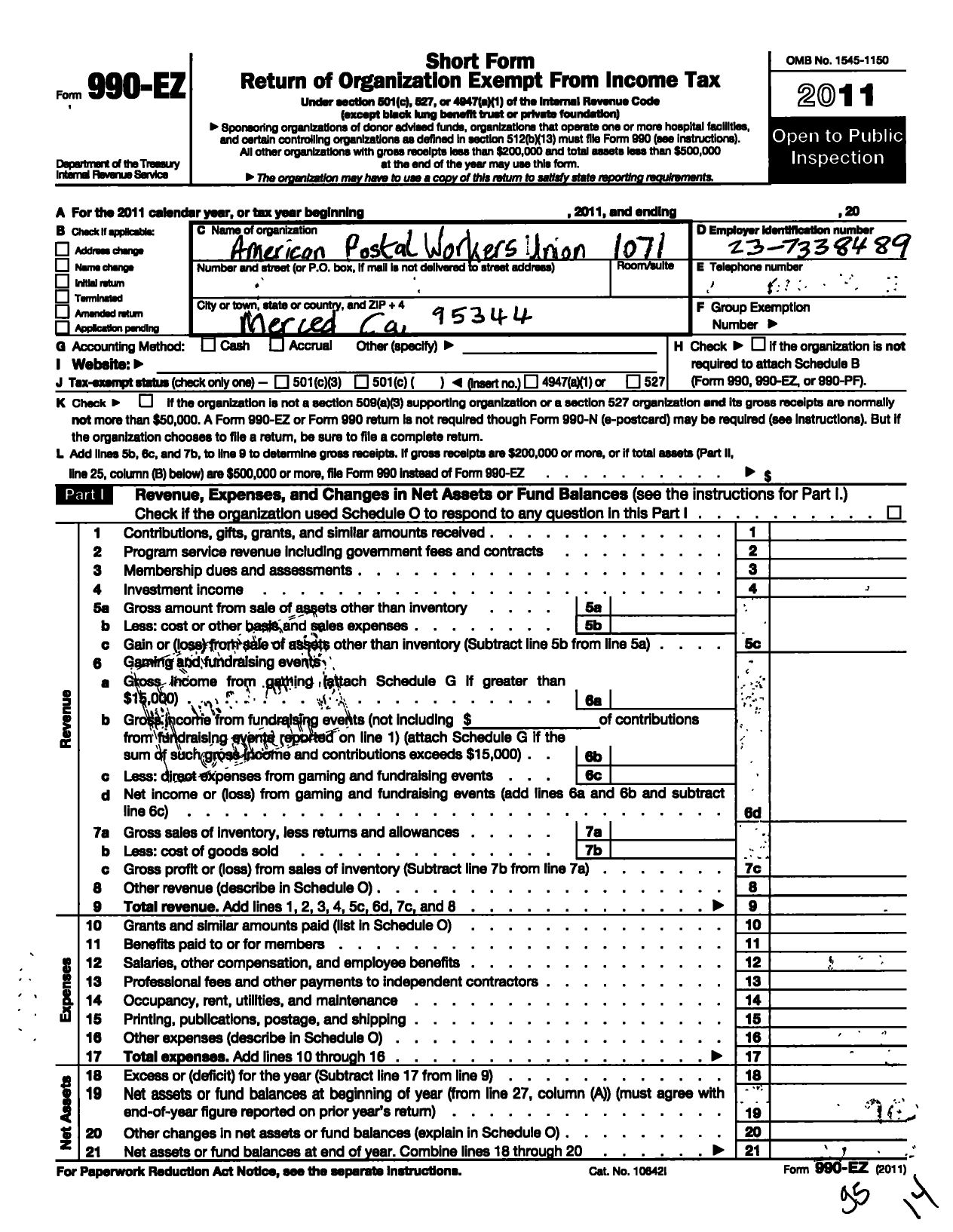 Image of first page of 2011 Form 990EO for American Postal Workers Union - 1071 Merced Local