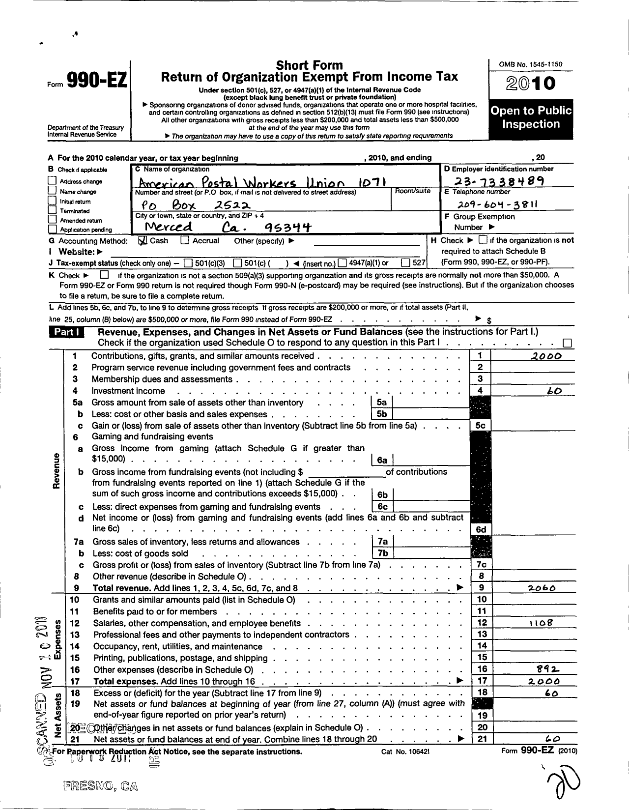 Image of first page of 2010 Form 990EO for American Postal Workers Union - 1071 Merced Local