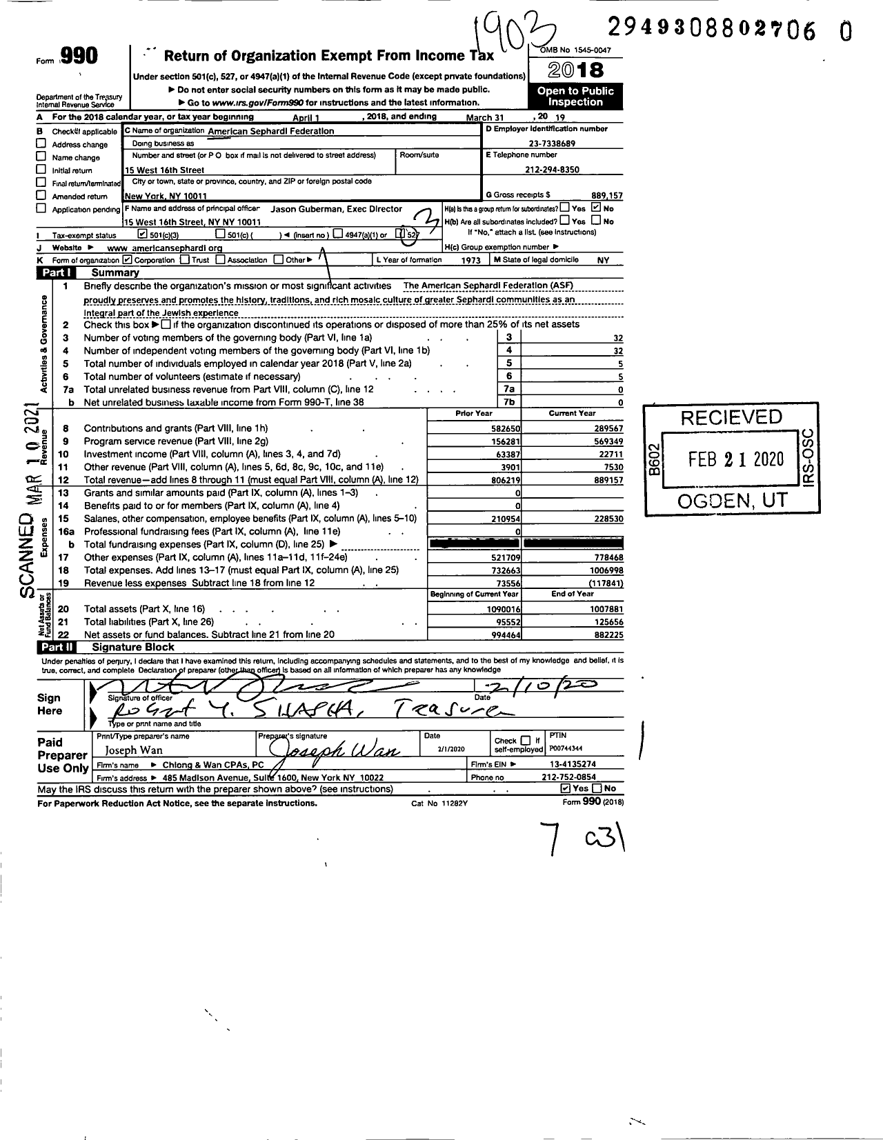 Image of first page of 2018 Form 990 for American Sephardi Federation