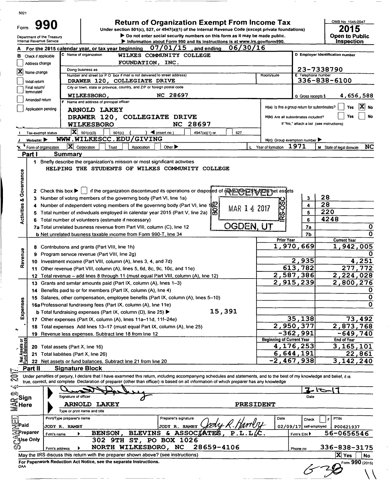 Image of first page of 2015 Form 990 for Wilkes Community College Foundation