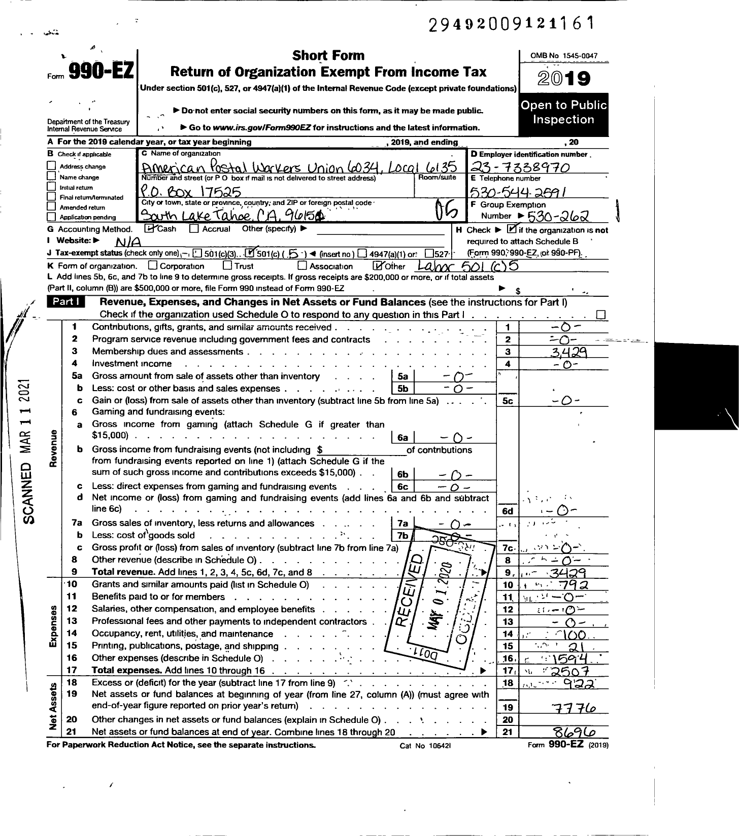 Image of first page of 2019 Form 990EO for American Postal Workers Union 6034 Local 6135