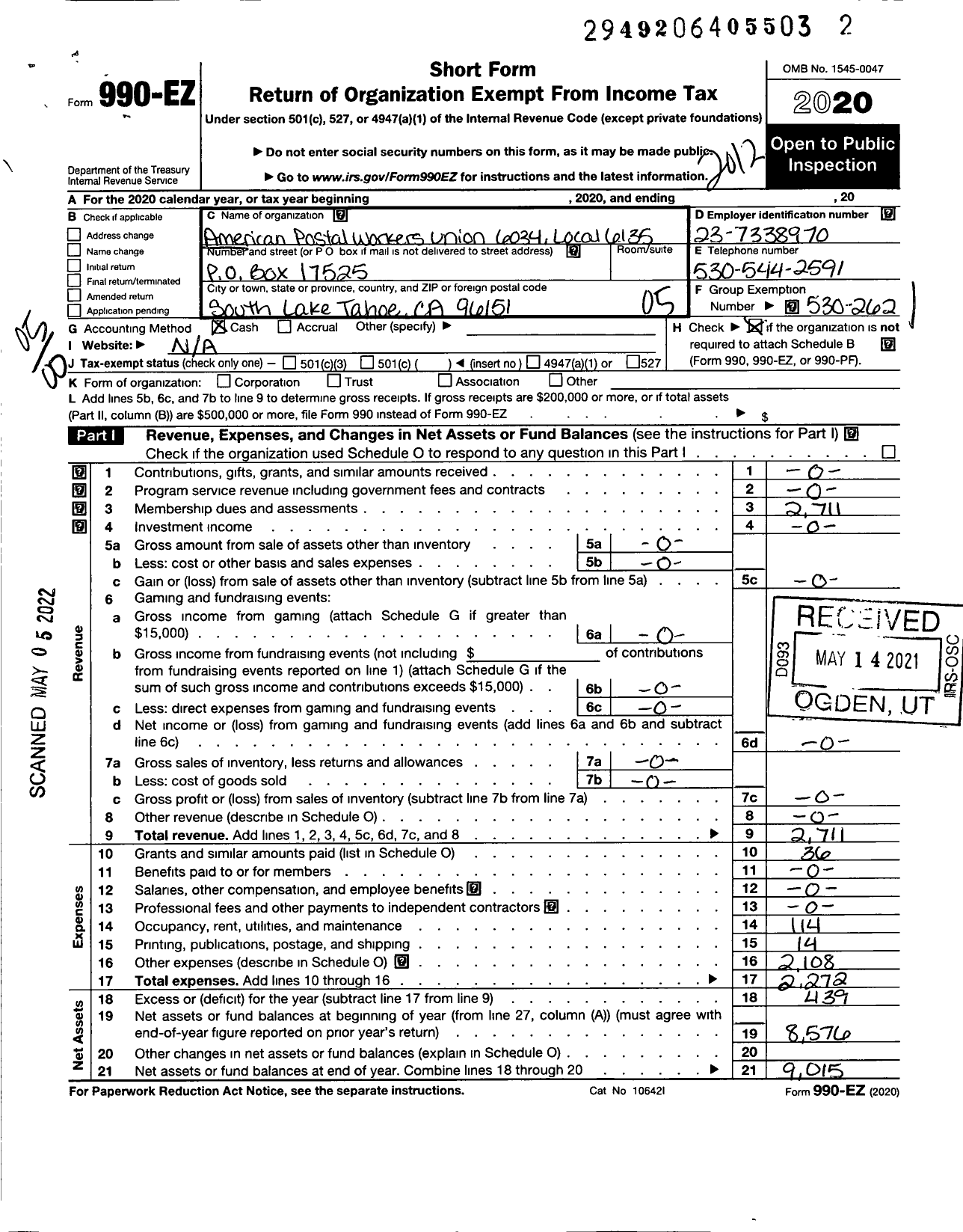 Image of first page of 2020 Form 990EO for American Postal Workers Union 6034 Local 6135