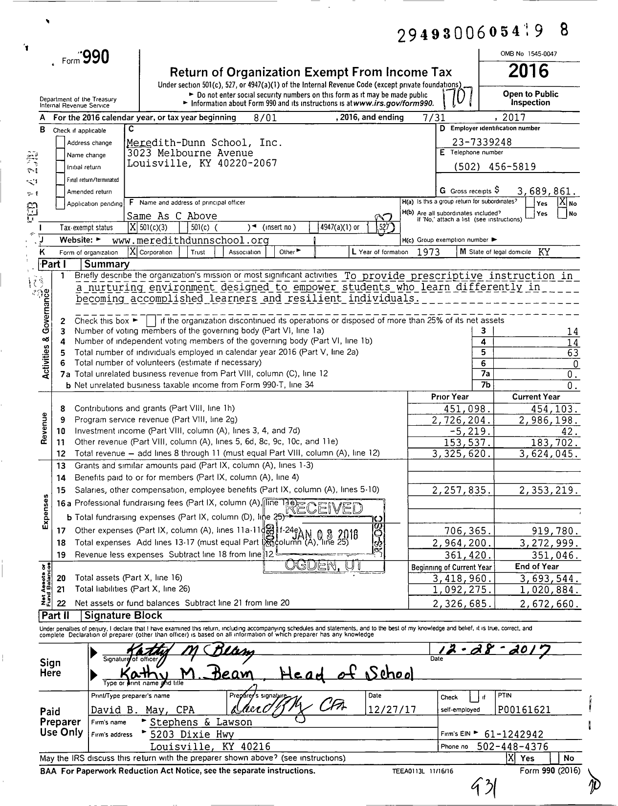 Image of first page of 2016 Form 990 for Meredith-Dunn School