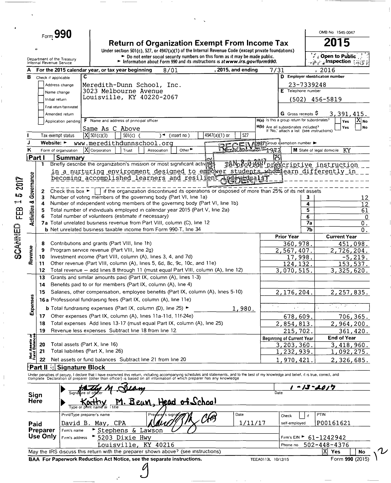 Image of first page of 2015 Form 990 for Meredith-Dunn School