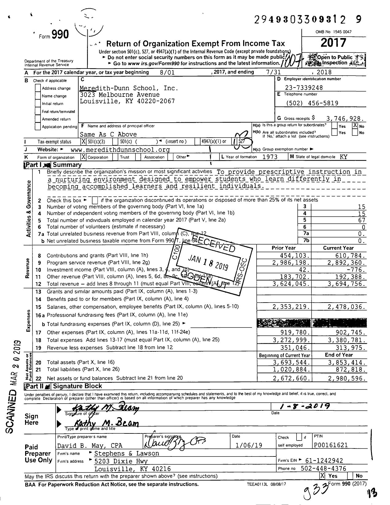 Image of first page of 2017 Form 990 for Meredith-Dunn School