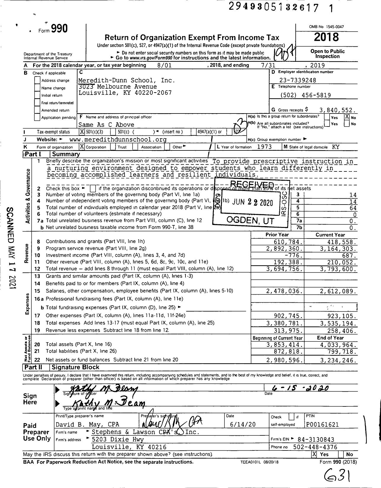 Image of first page of 2018 Form 990 for Meredith-Dunn School
